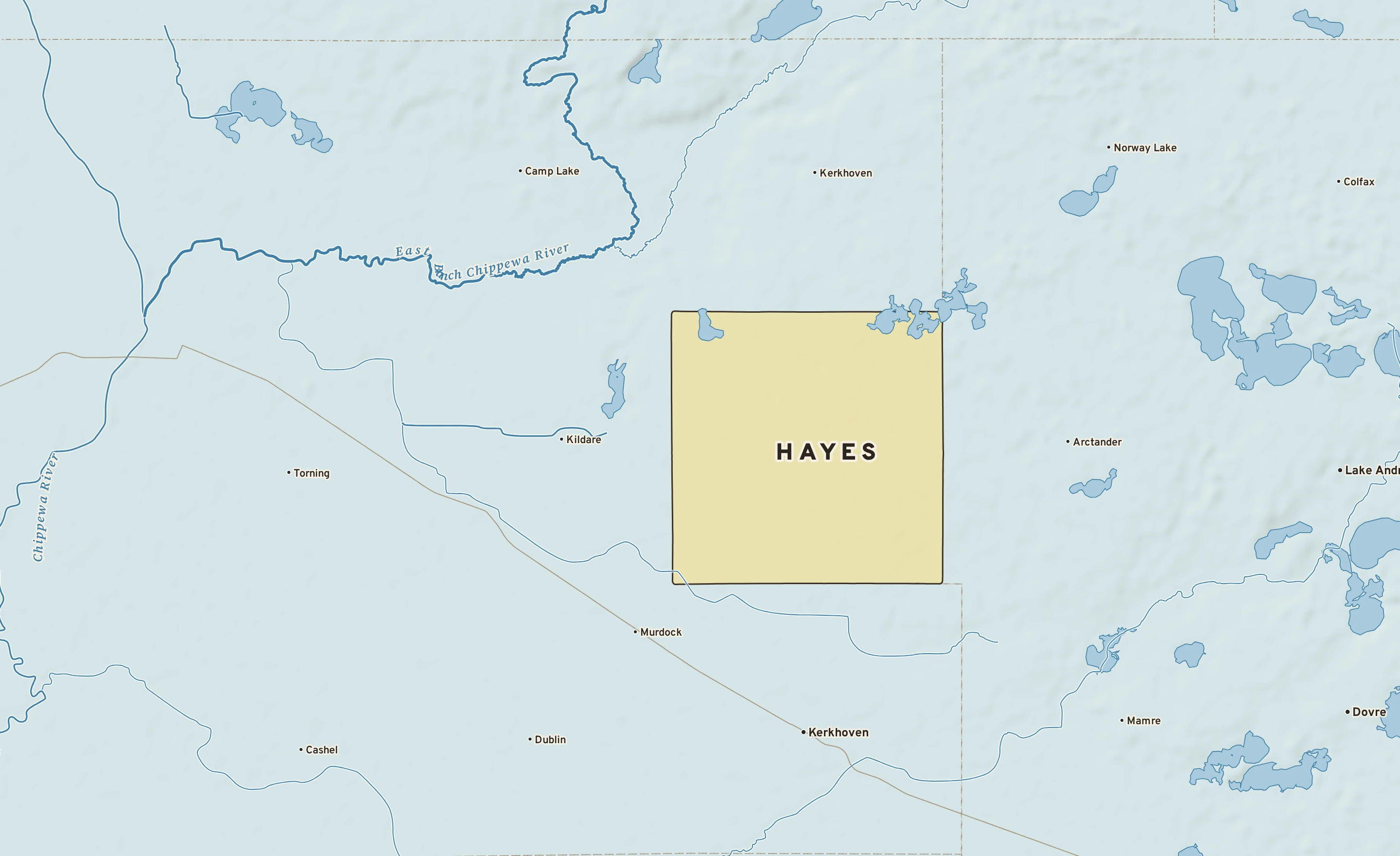 Shaded-relief atlas plate of Hayes, Minnesota: rivers, roads, the city limits and where the water drains.