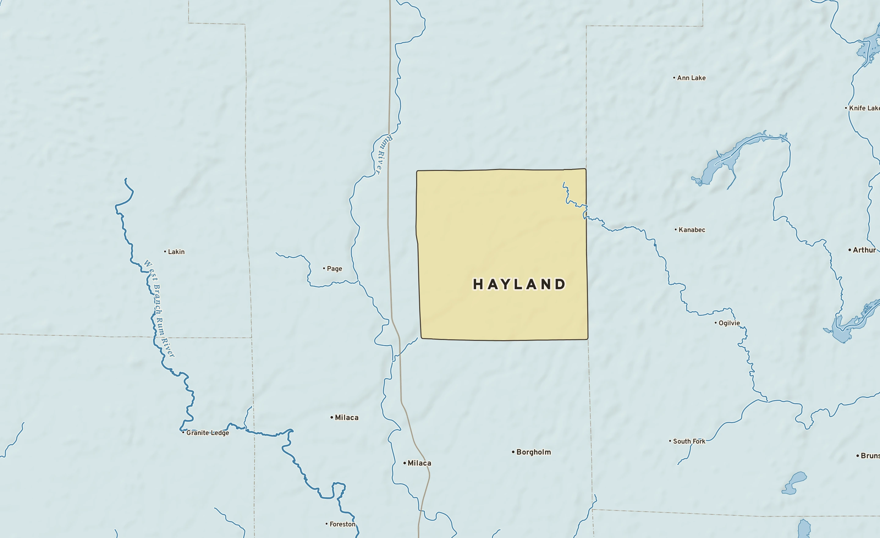Shaded-relief atlas plate of Hayland, Minnesota: rivers, roads, the city limits and where the water drains.