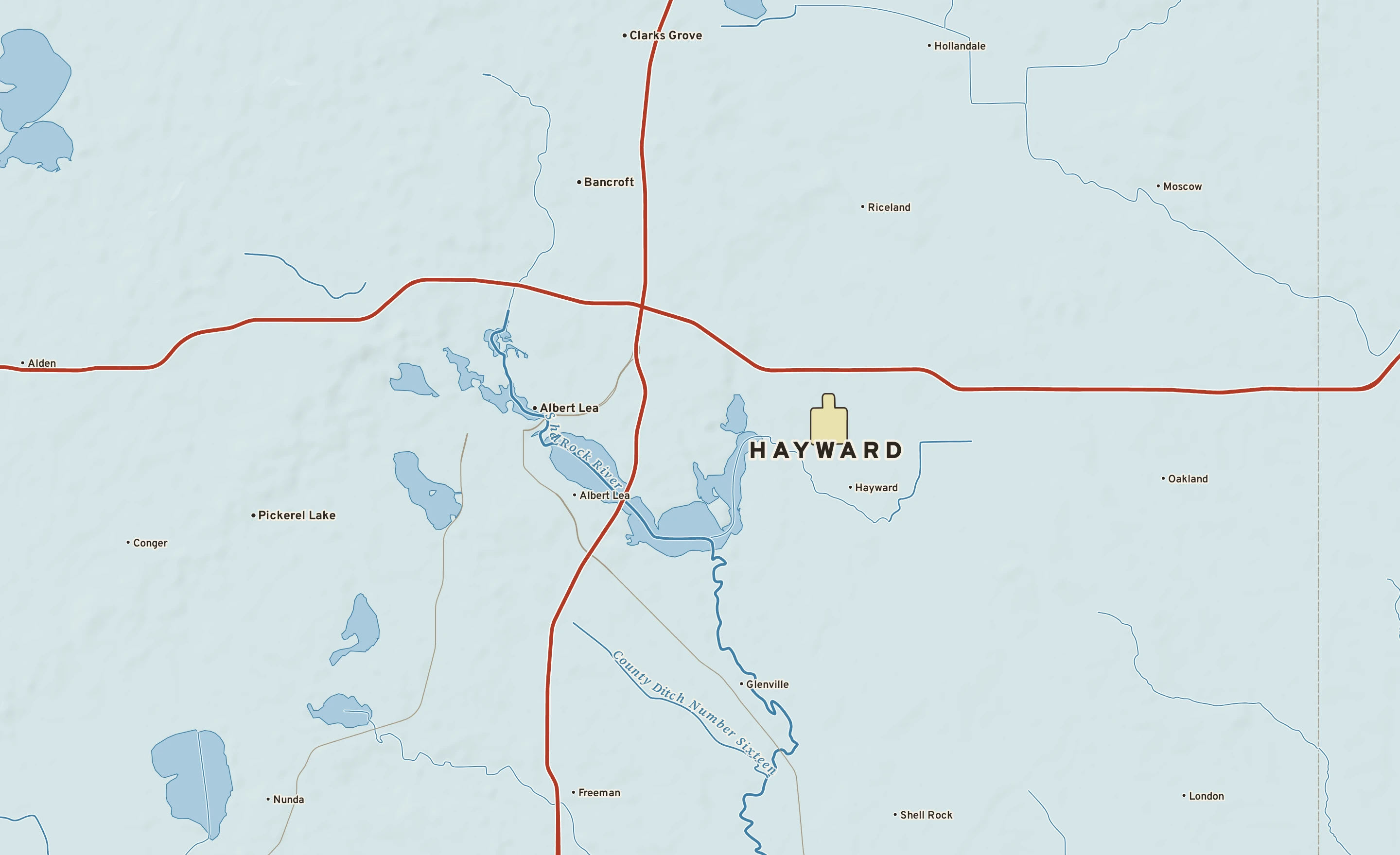 Shaded-relief atlas plate of Hayward, Minnesota: rivers, roads, the city limits and where the water drains.