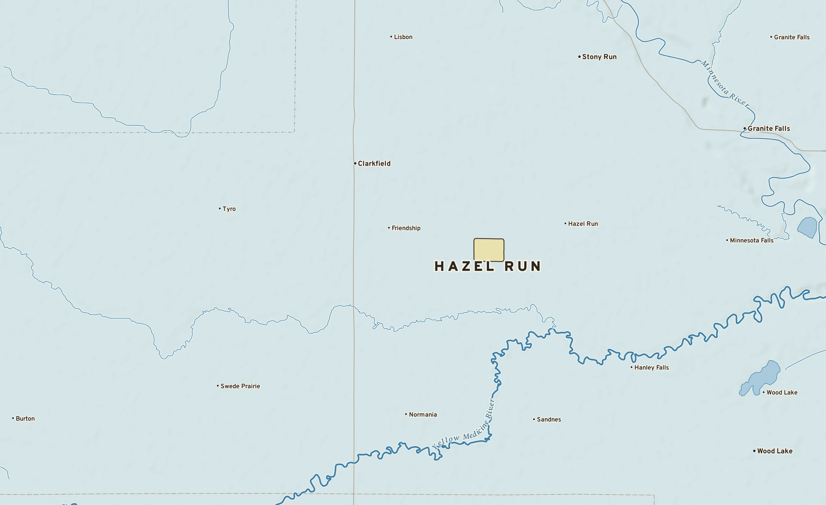 Shaded-relief atlas plate of Hazel Run, Minnesota: rivers, roads, the city limits and where the water drains.