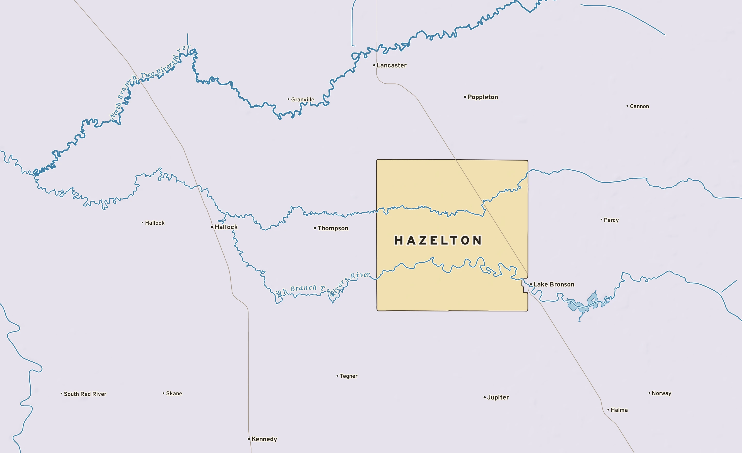 Shaded-relief atlas plate of Hazelton, Minnesota: rivers, roads, the city limits and where the water drains.