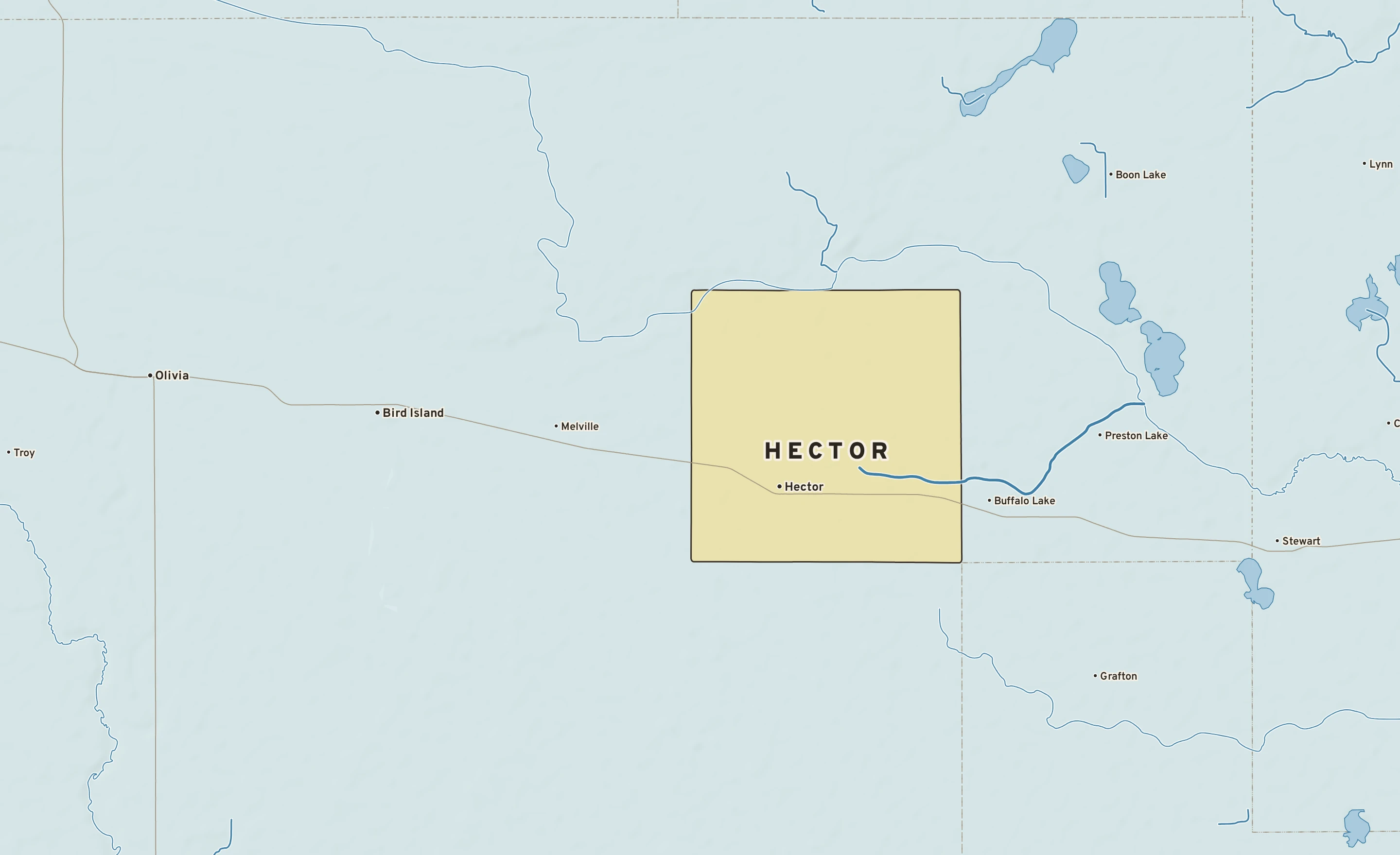 Shaded-relief atlas plate of Hector, Minnesota: rivers, roads, the city limits and where the water drains.
