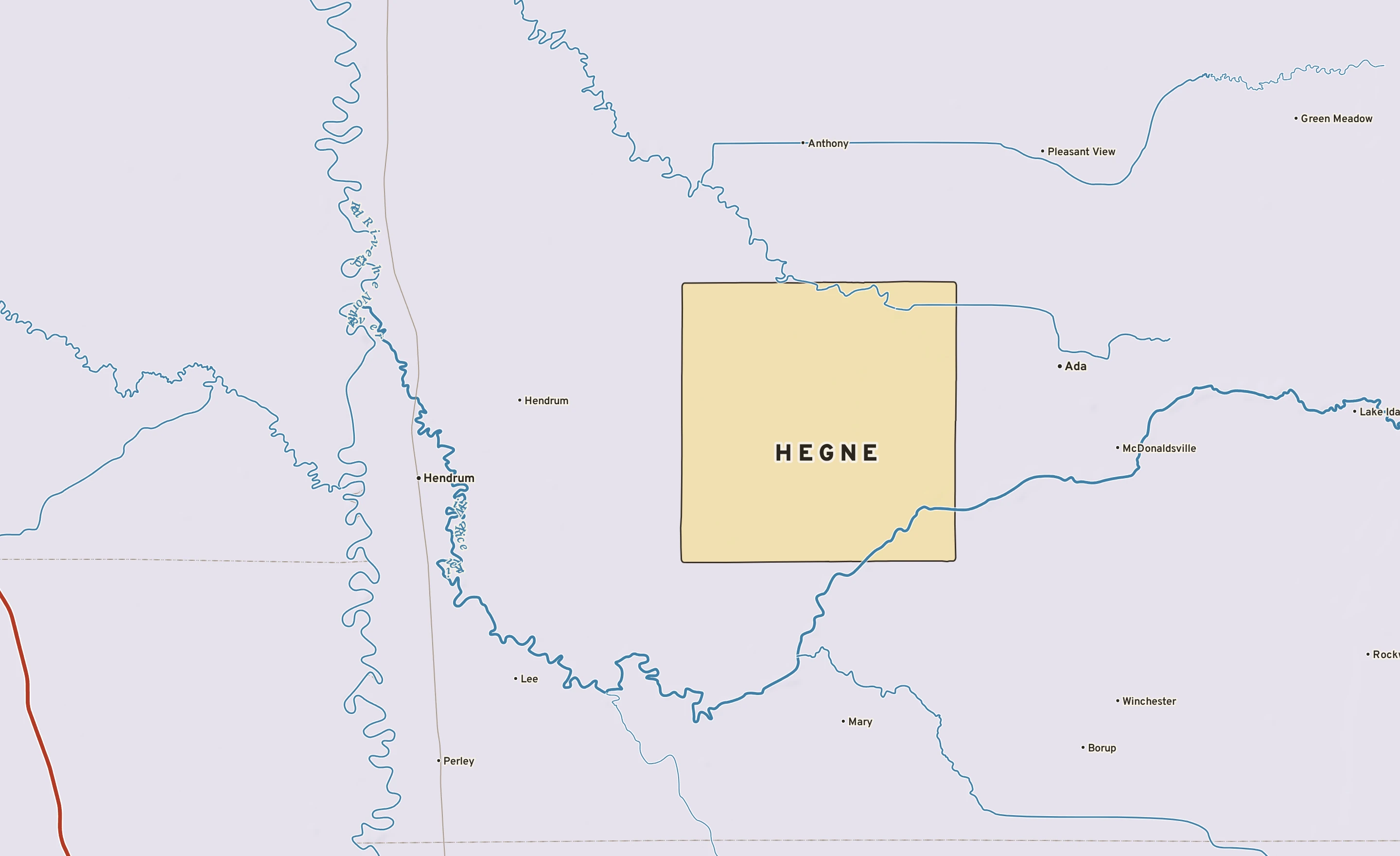 Shaded-relief atlas plate of Hegne, Minnesota: rivers, roads, the city limits and where the water drains.