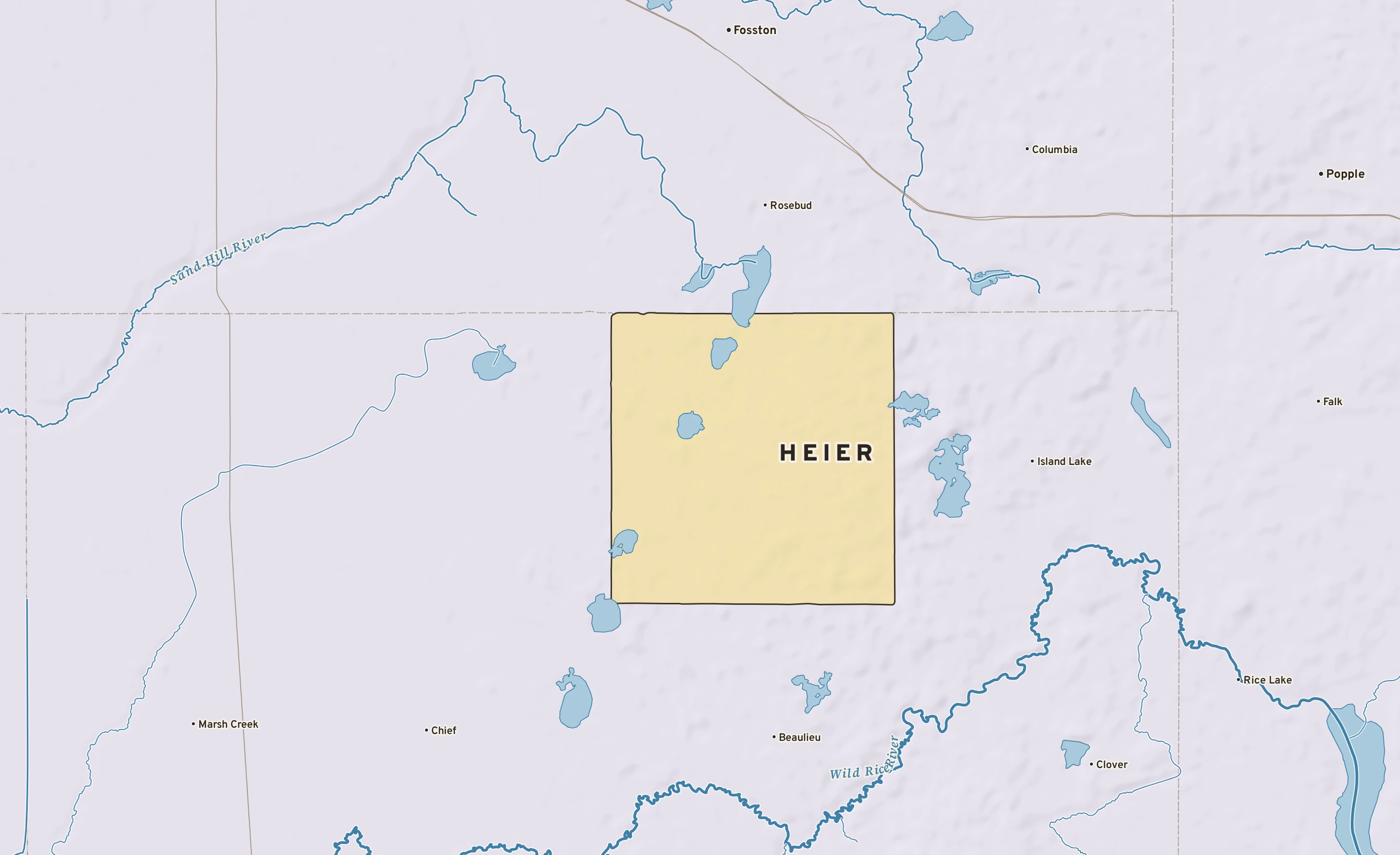 Shaded-relief atlas plate of Heier, Minnesota: rivers, roads, the city limits and where the water drains.