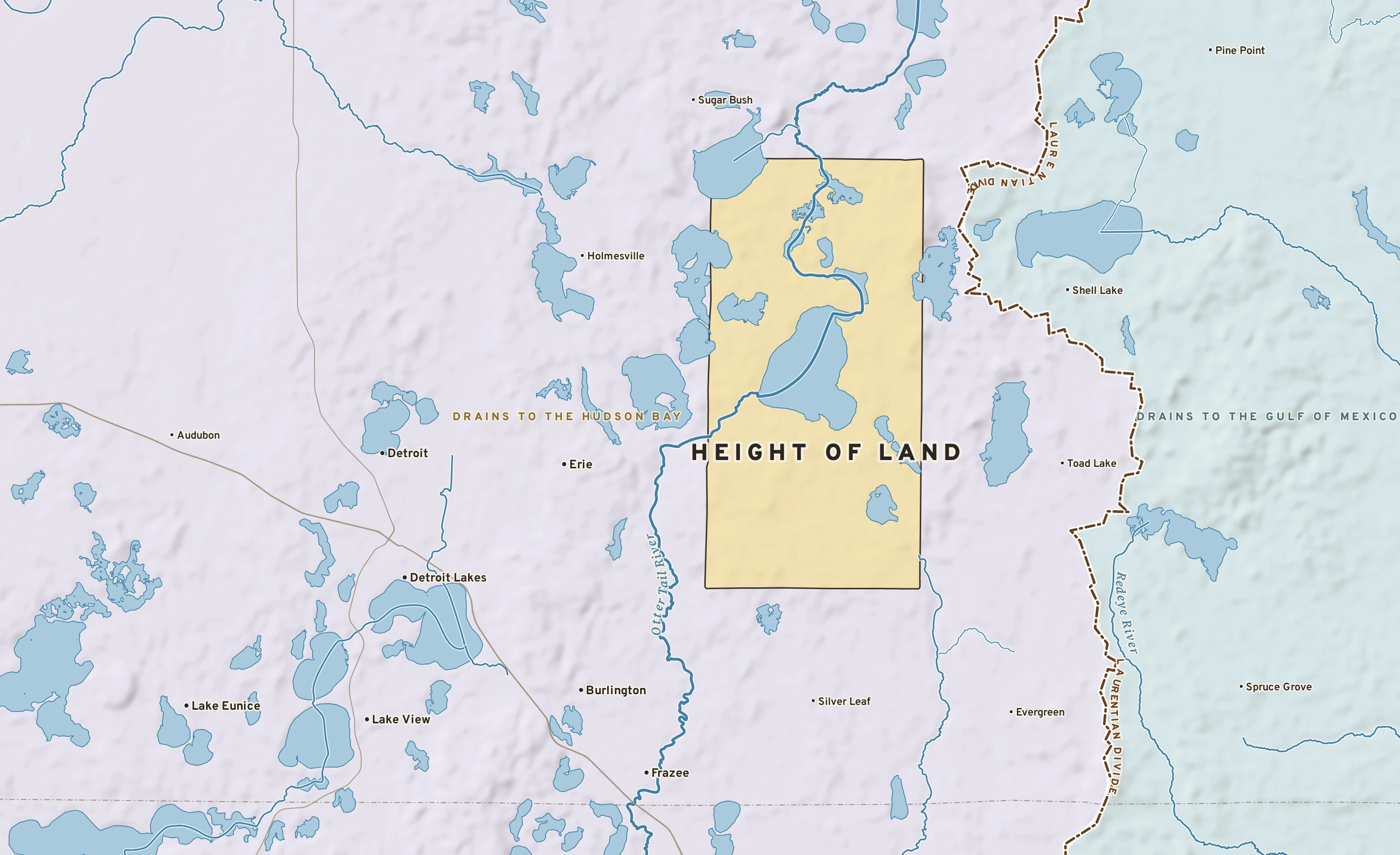 Shaded-relief atlas plate of Height of Land, Minnesota: rivers, roads, the city limits and where the water drains.
