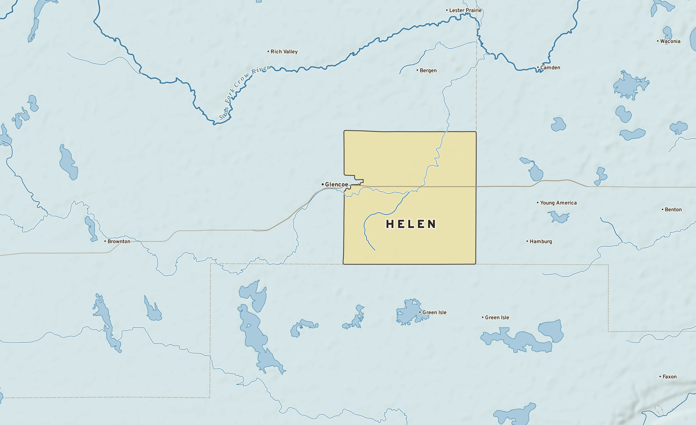 Shaded-relief atlas plate of Helen, Minnesota: rivers, roads, the city limits and where the water drains.
