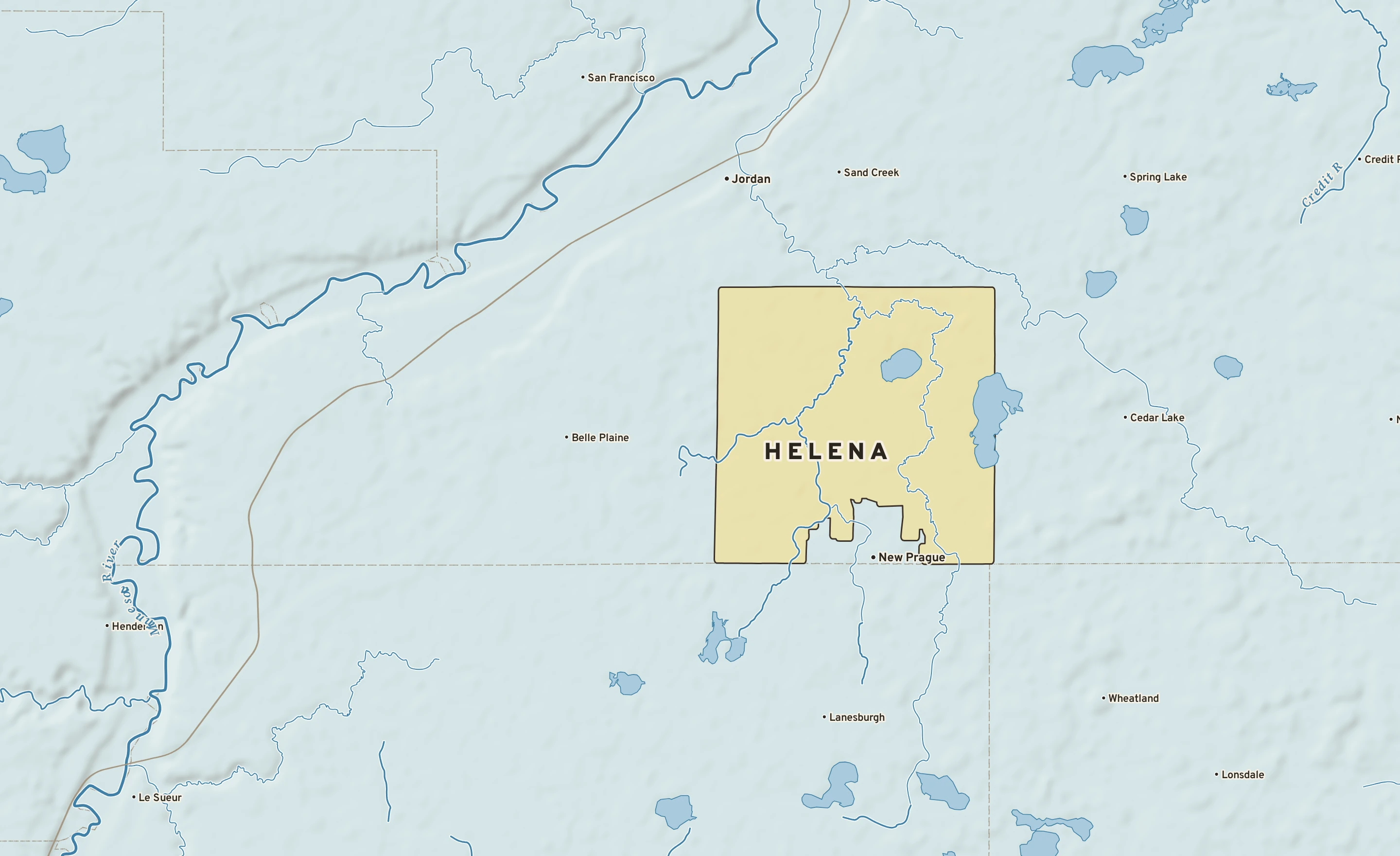 Shaded-relief atlas plate of Helena, Minnesota: rivers, roads, the city limits and where the water drains.