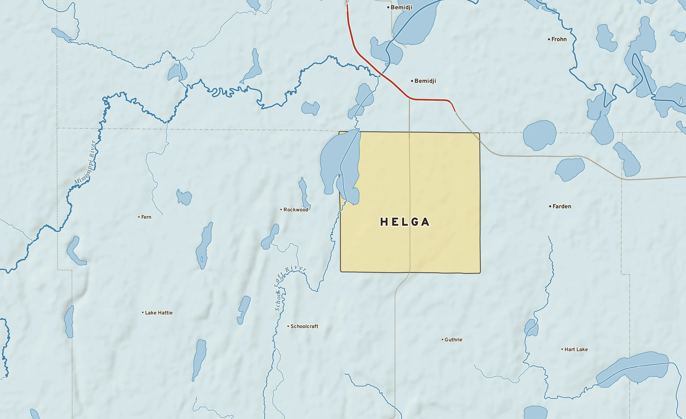 Shaded-relief atlas plate of Helga, Minnesota: rivers, roads, the city limits and where the water drains.