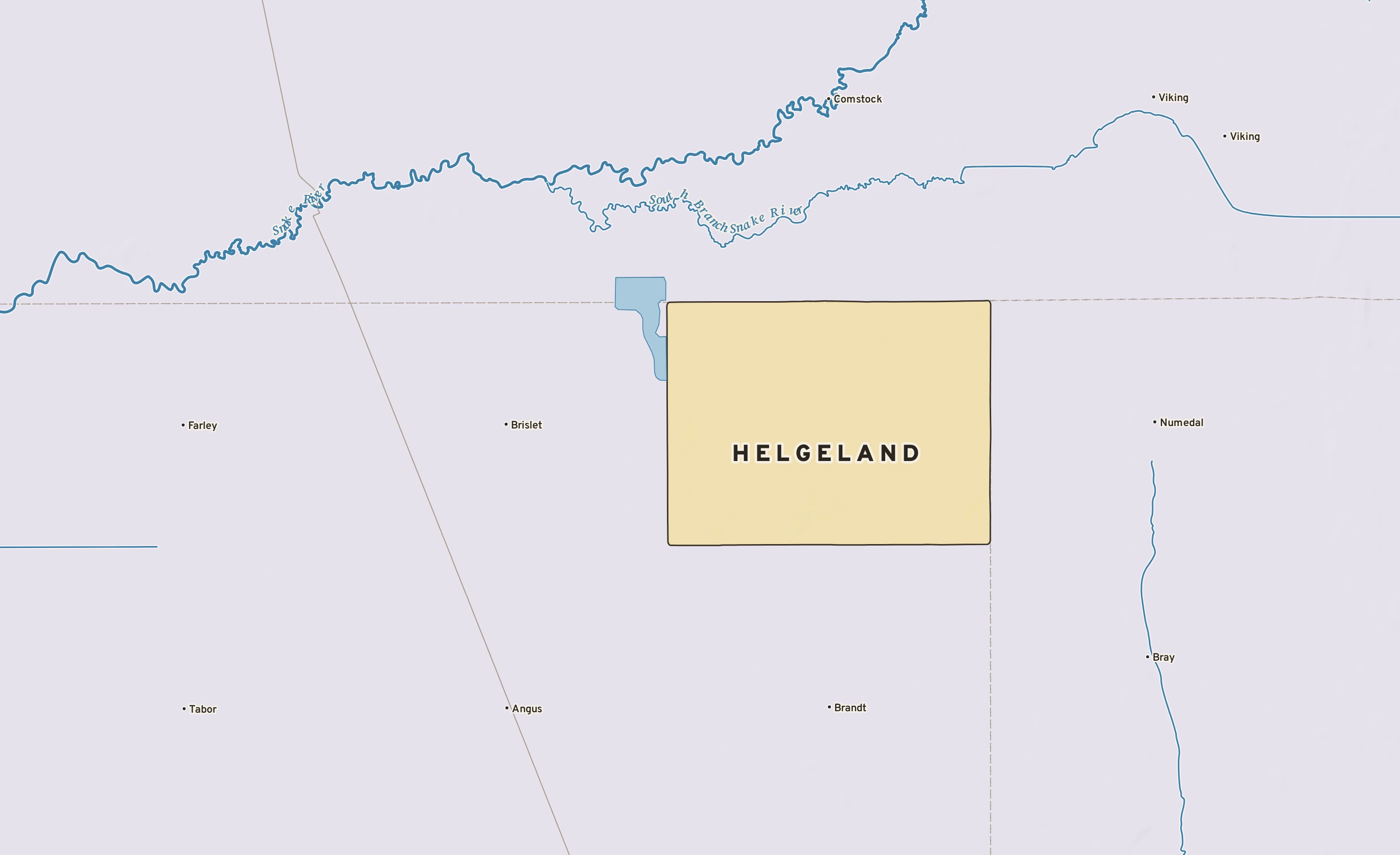 Shaded-relief atlas plate of Helgeland, Minnesota: rivers, roads, the city limits and where the water drains.