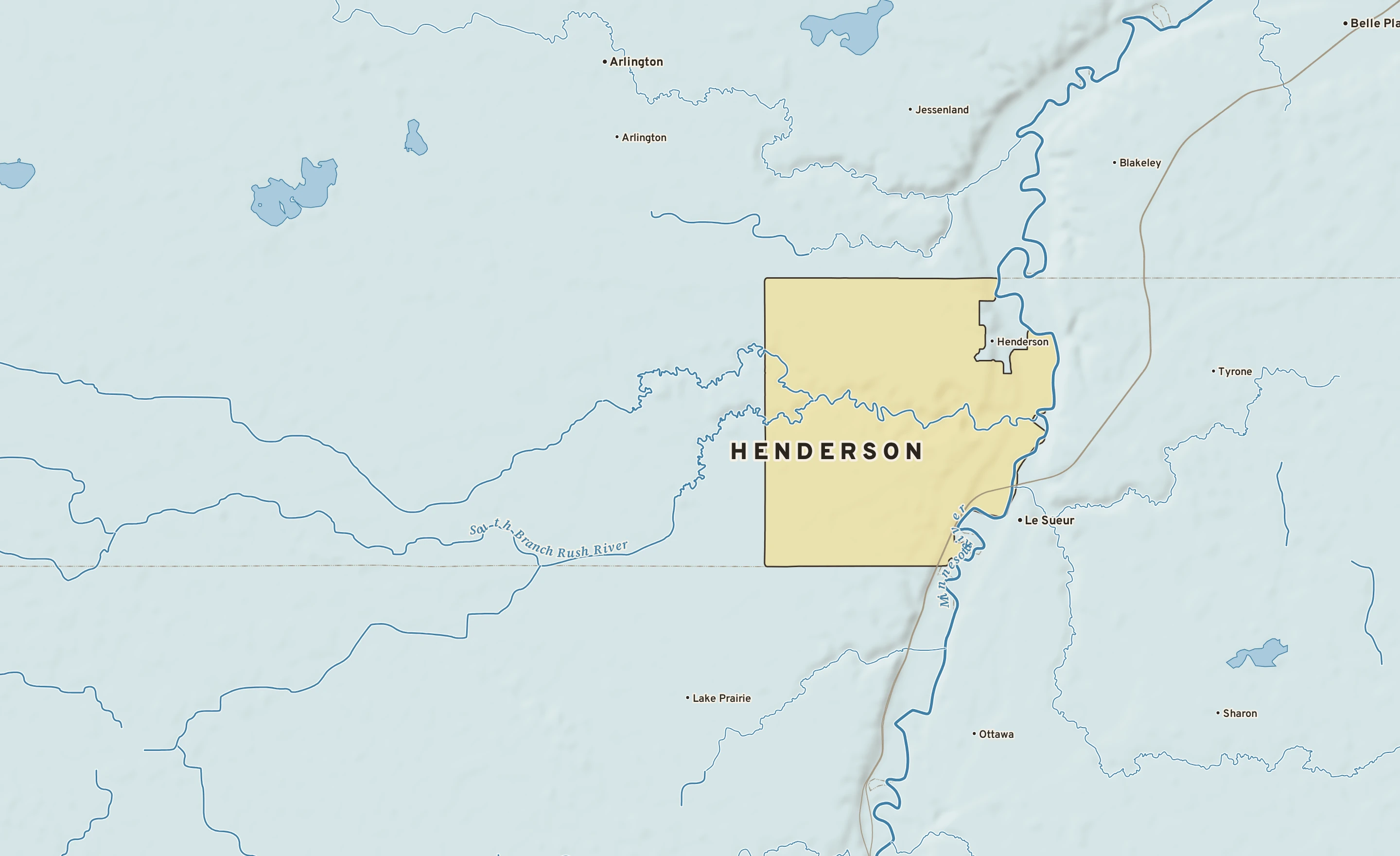 Shaded-relief atlas plate of Henderson, Minnesota: rivers, roads, the city limits and where the water drains.
