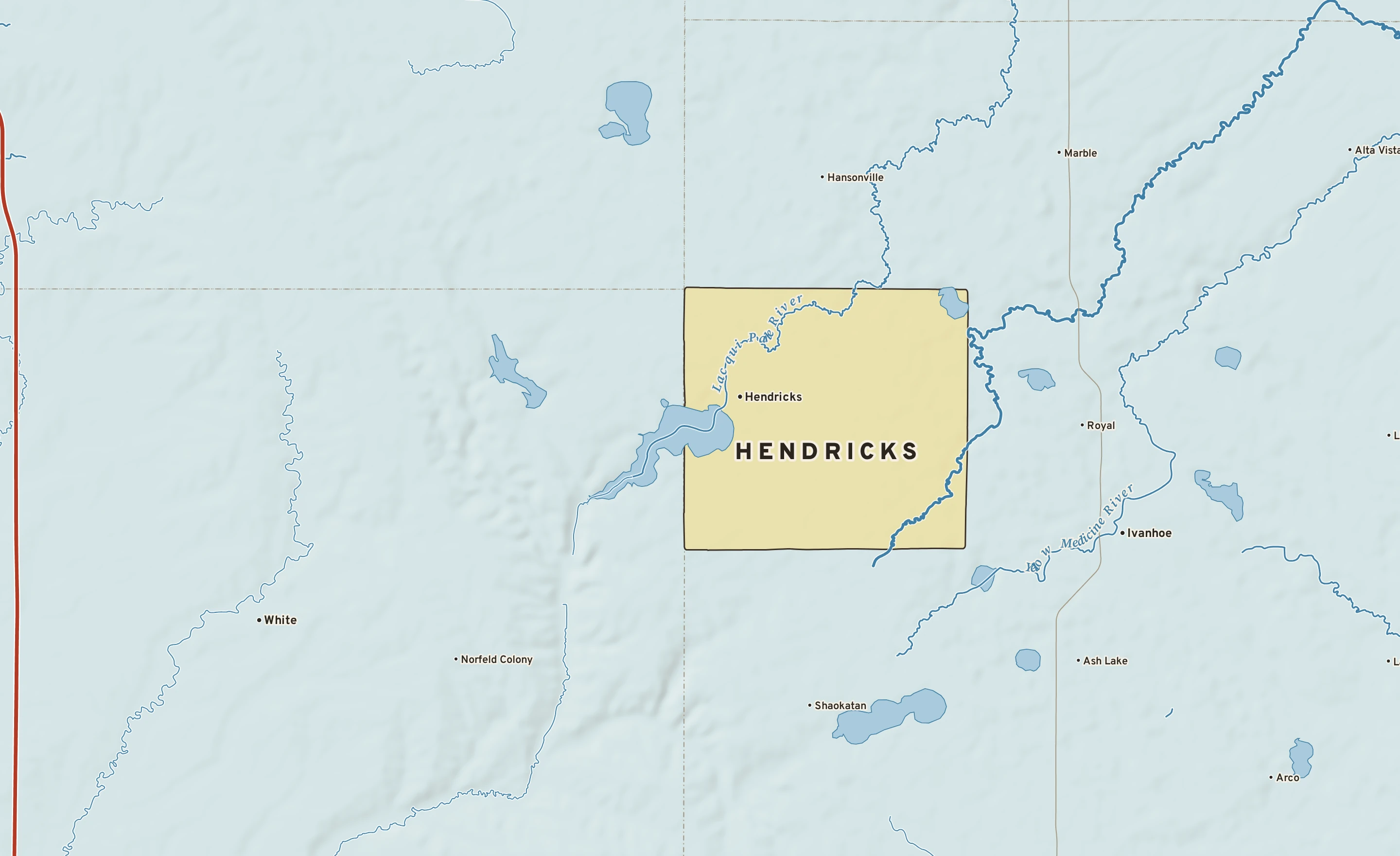 Shaded-relief atlas plate of Hendricks, Minnesota: rivers, roads, the city limits and where the water drains.