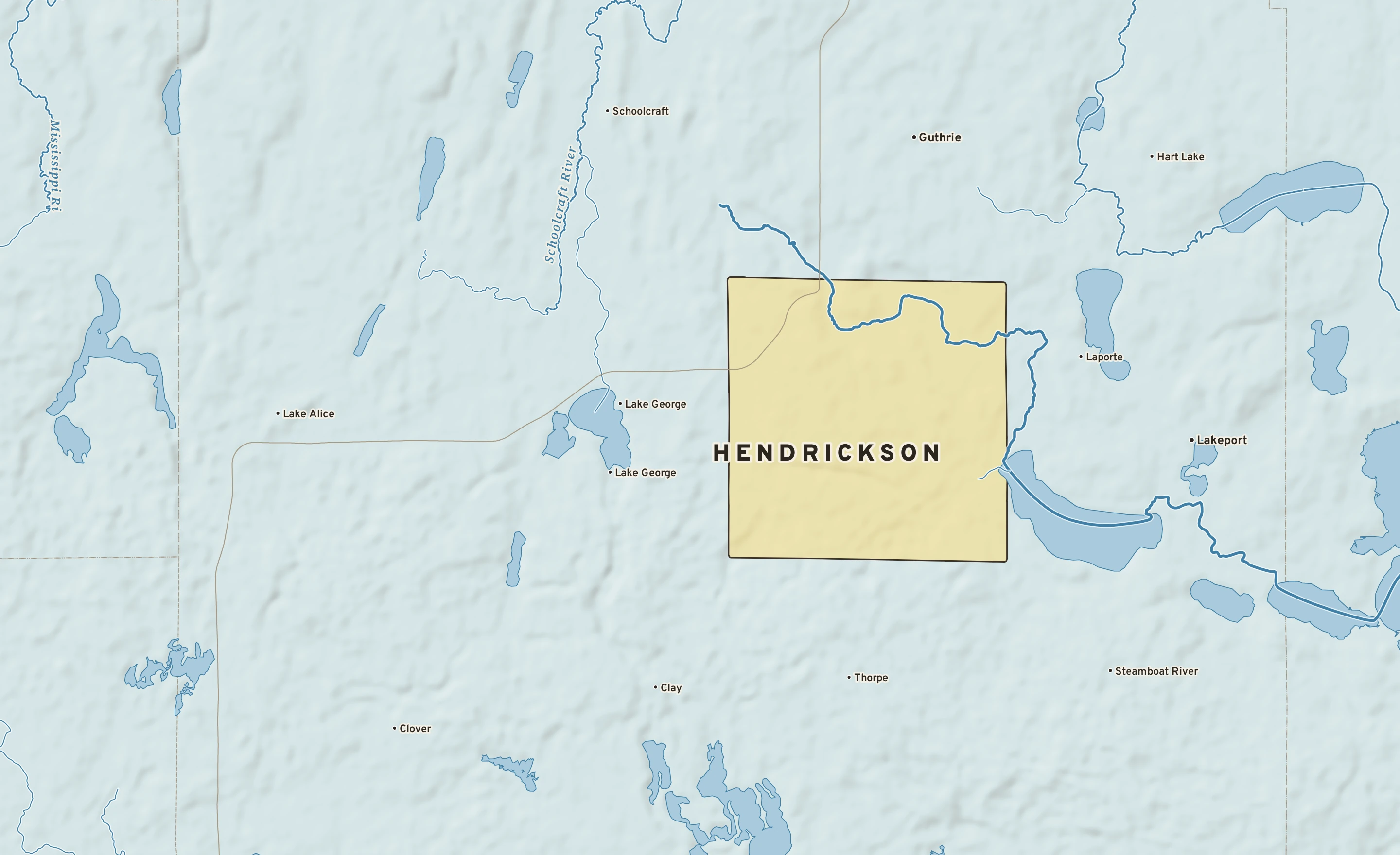 Shaded-relief atlas plate of Hendrickson, Minnesota: rivers, roads, the city limits and where the water drains.