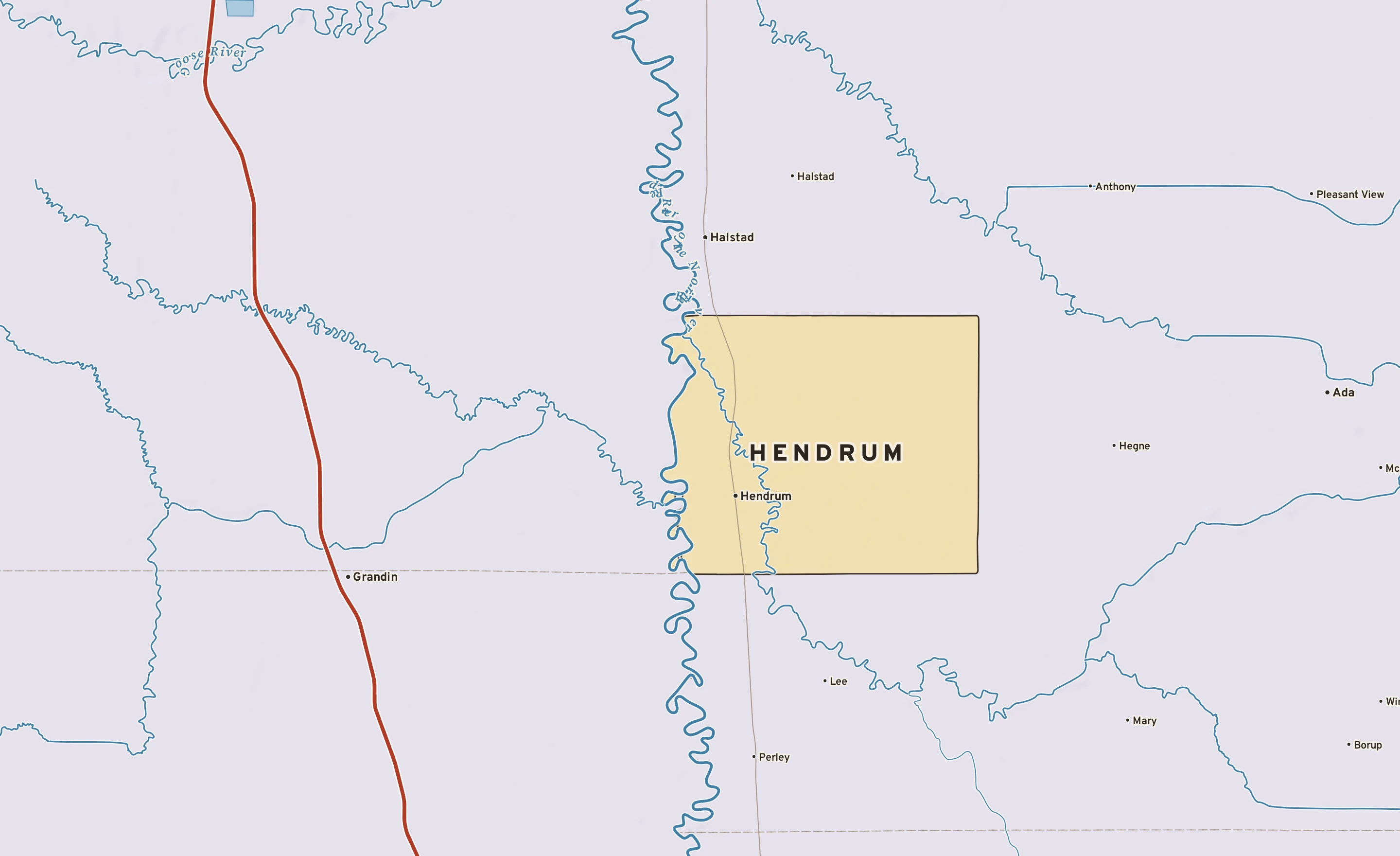 Shaded-relief atlas plate of Hendrum, Minnesota: rivers, roads, the city limits and where the water drains.