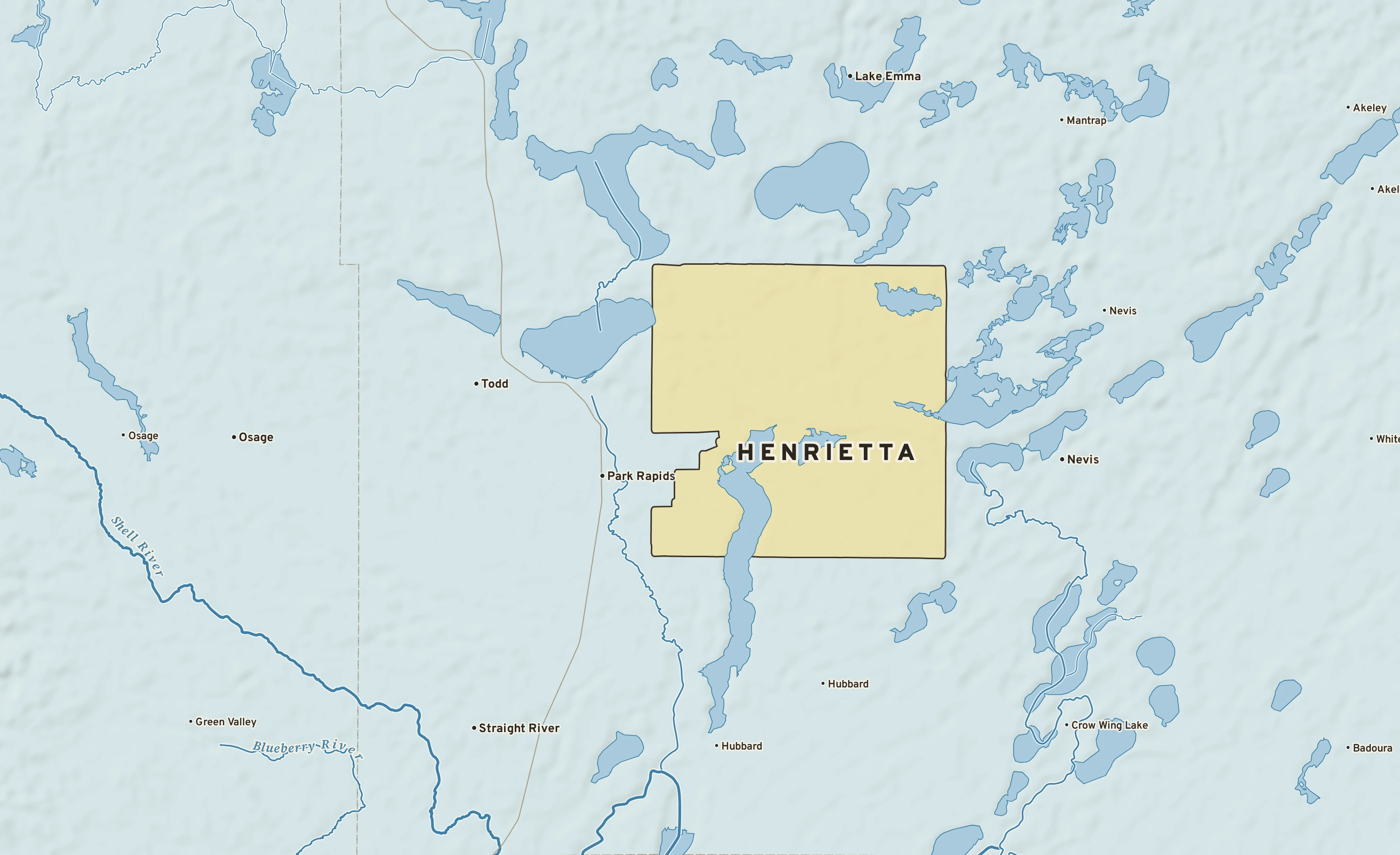 Shaded-relief atlas plate of Henrietta, Minnesota: rivers, roads, the city limits and where the water drains.