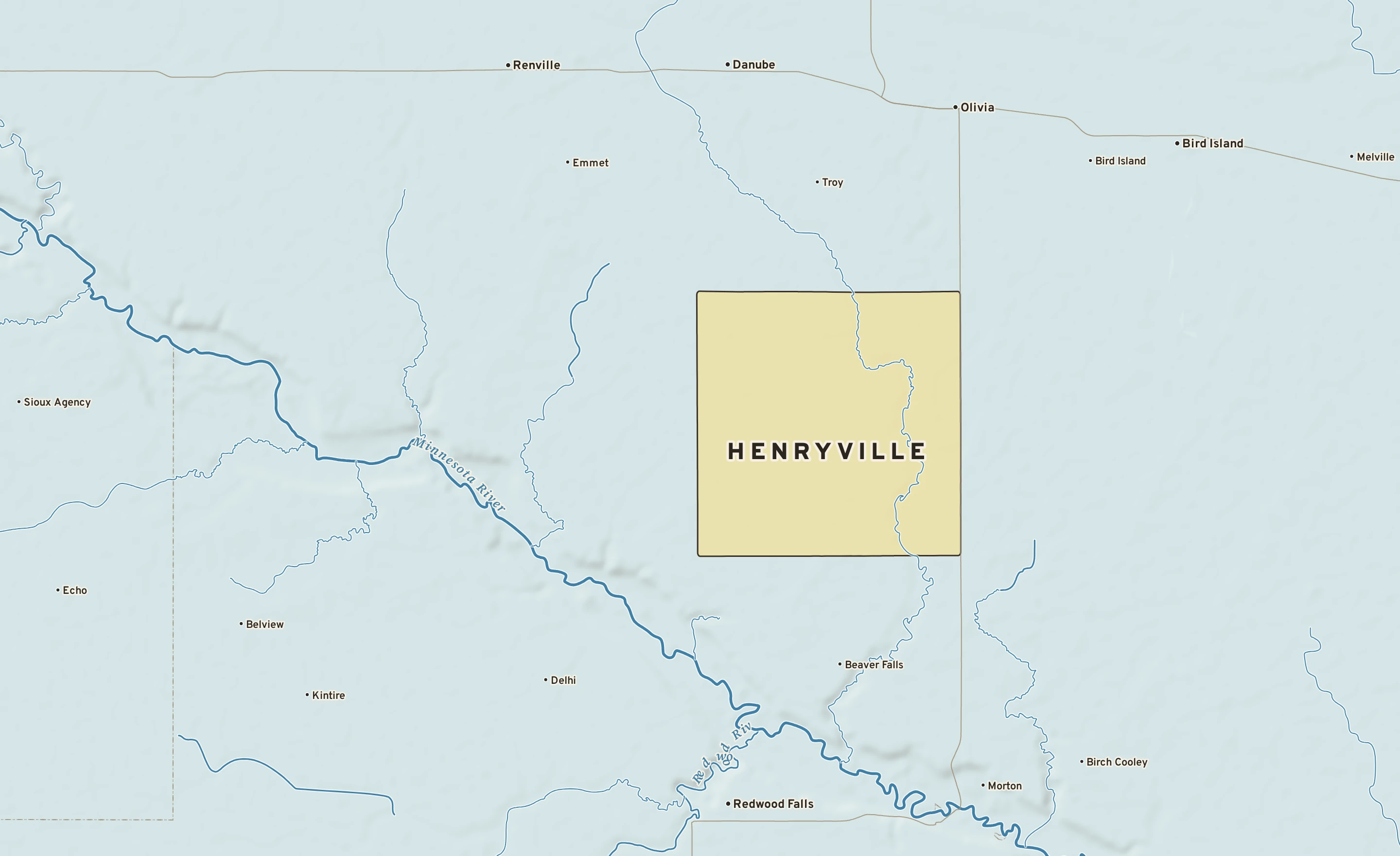 Shaded-relief atlas plate of Henryville, Minnesota: rivers, roads, the city limits and where the water drains.