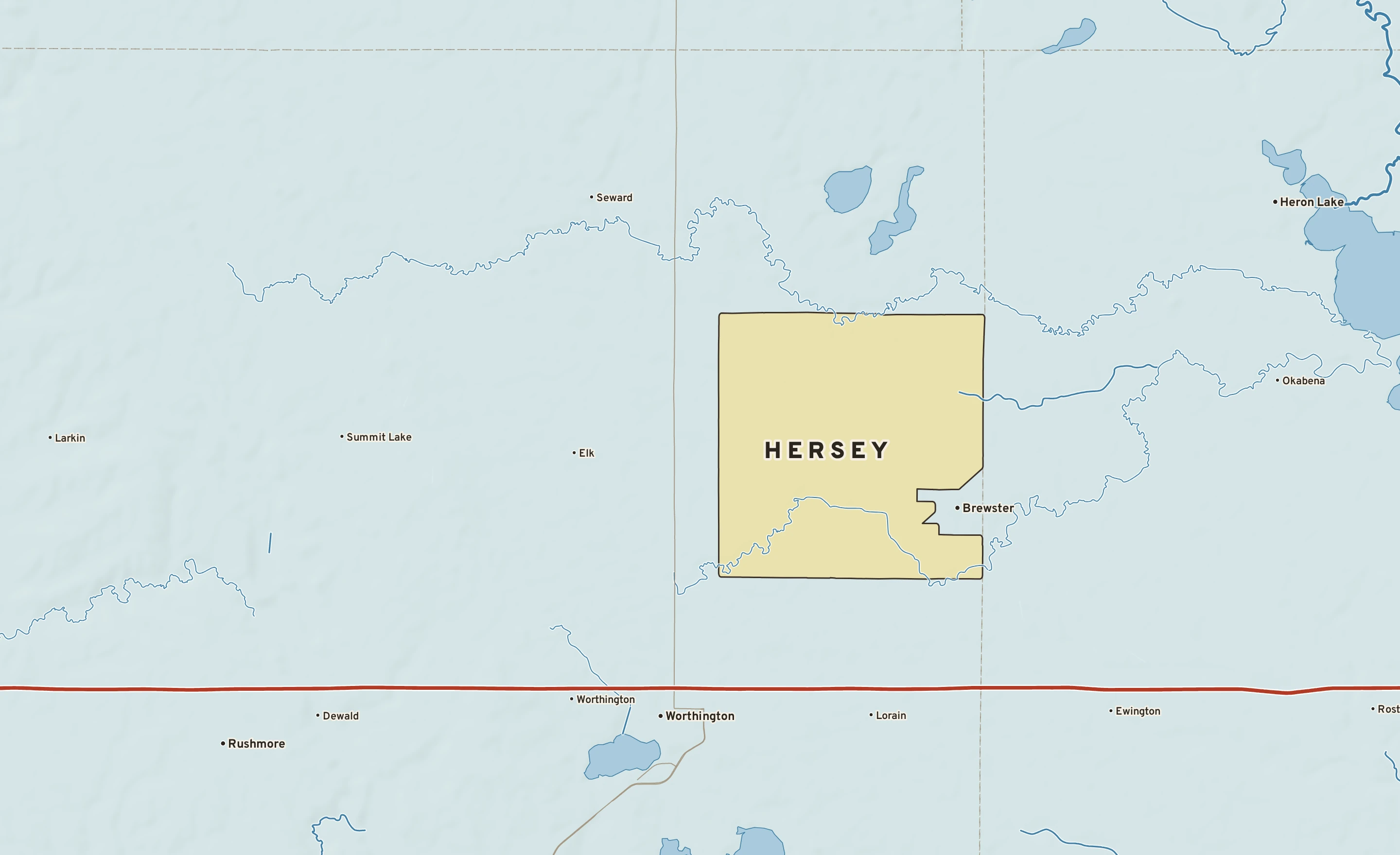Shaded-relief atlas plate of Hersey, Minnesota: rivers, roads, the city limits and where the water drains.
