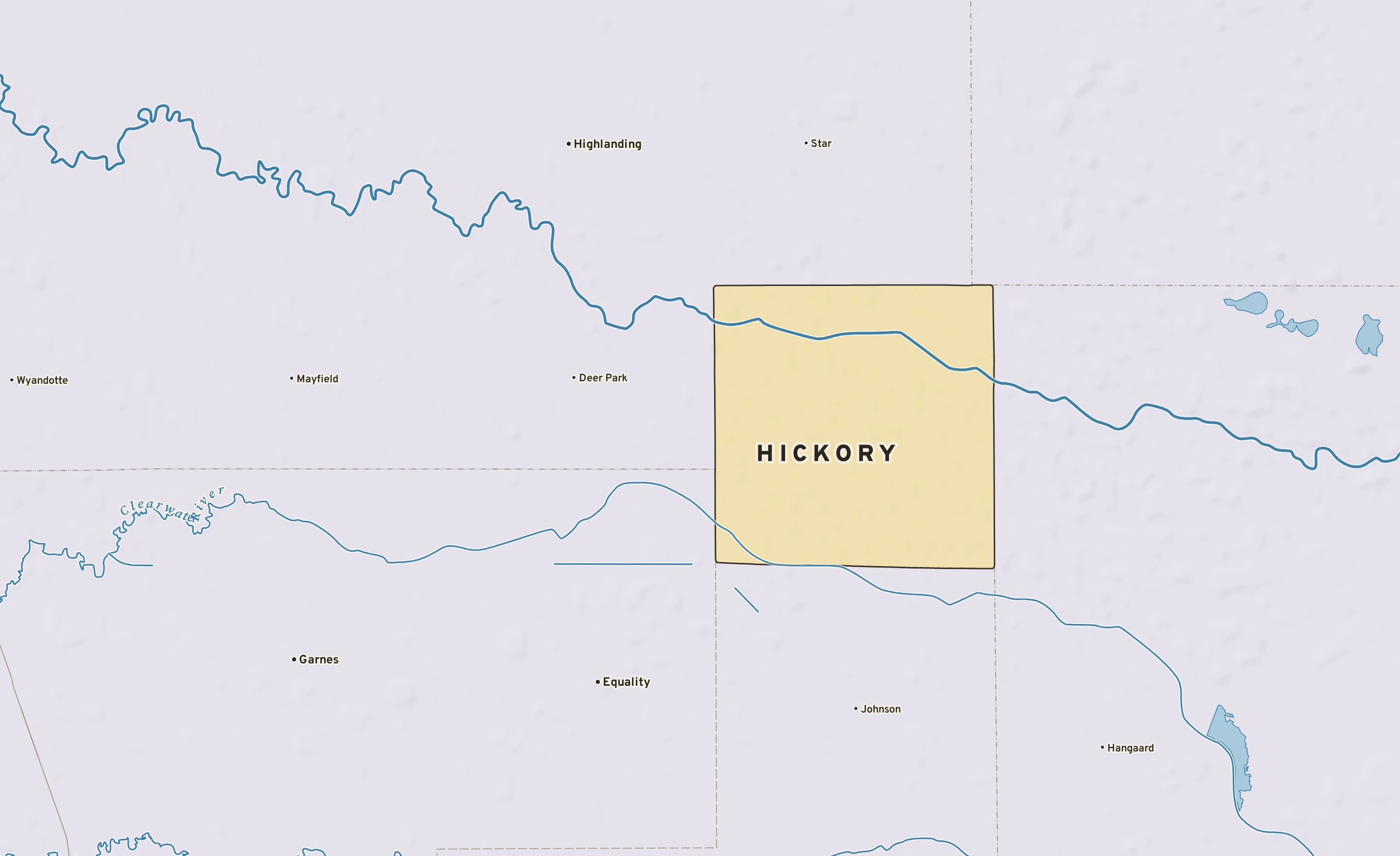 Shaded-relief atlas plate of Hickory, Minnesota: rivers, roads, the city limits and where the water drains.