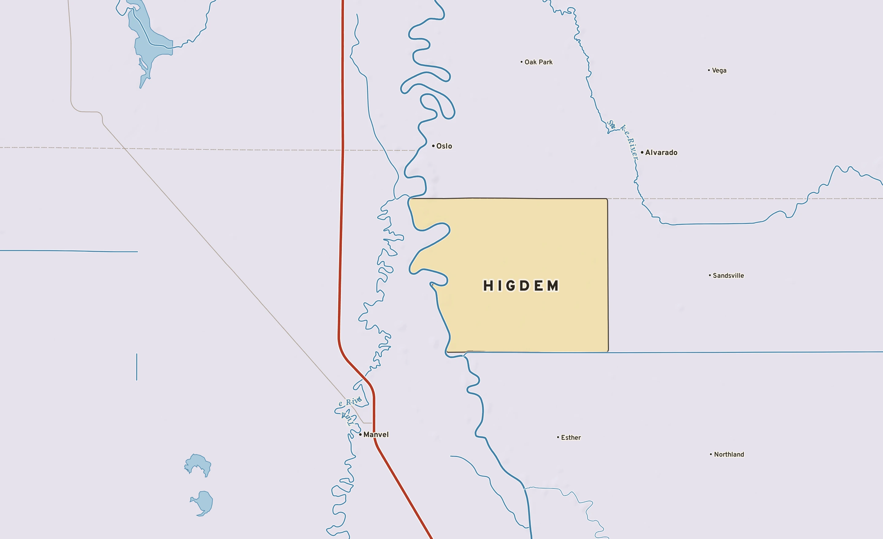Shaded-relief atlas plate of Higdem, Minnesota: rivers, roads, the city limits and where the water drains.