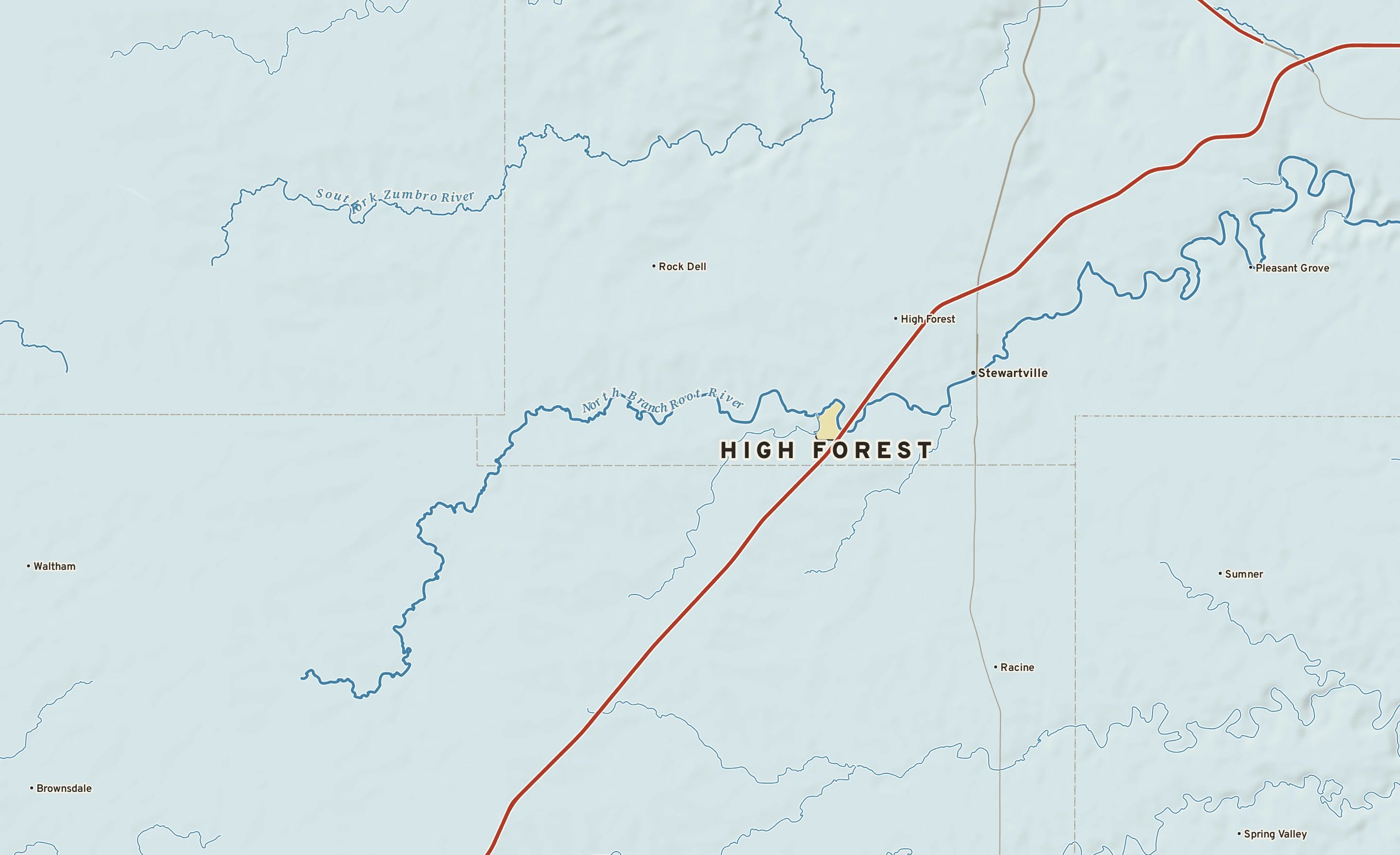 Shaded-relief atlas plate of High Forest, Minnesota: rivers, roads, the city limits and where the water drains.