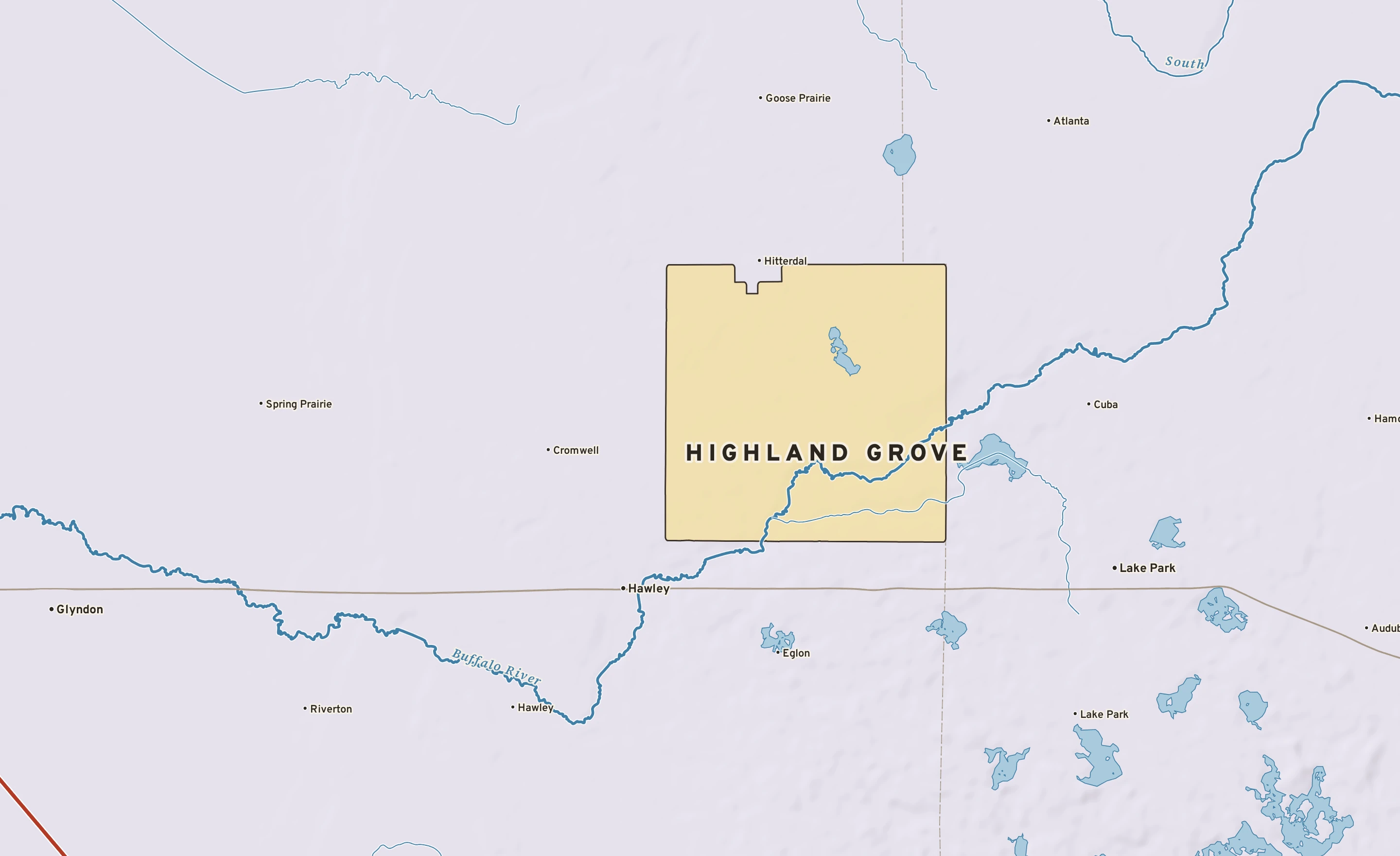 Shaded-relief atlas plate of Highland Grove, Minnesota: rivers, roads, the city limits and where the water drains.