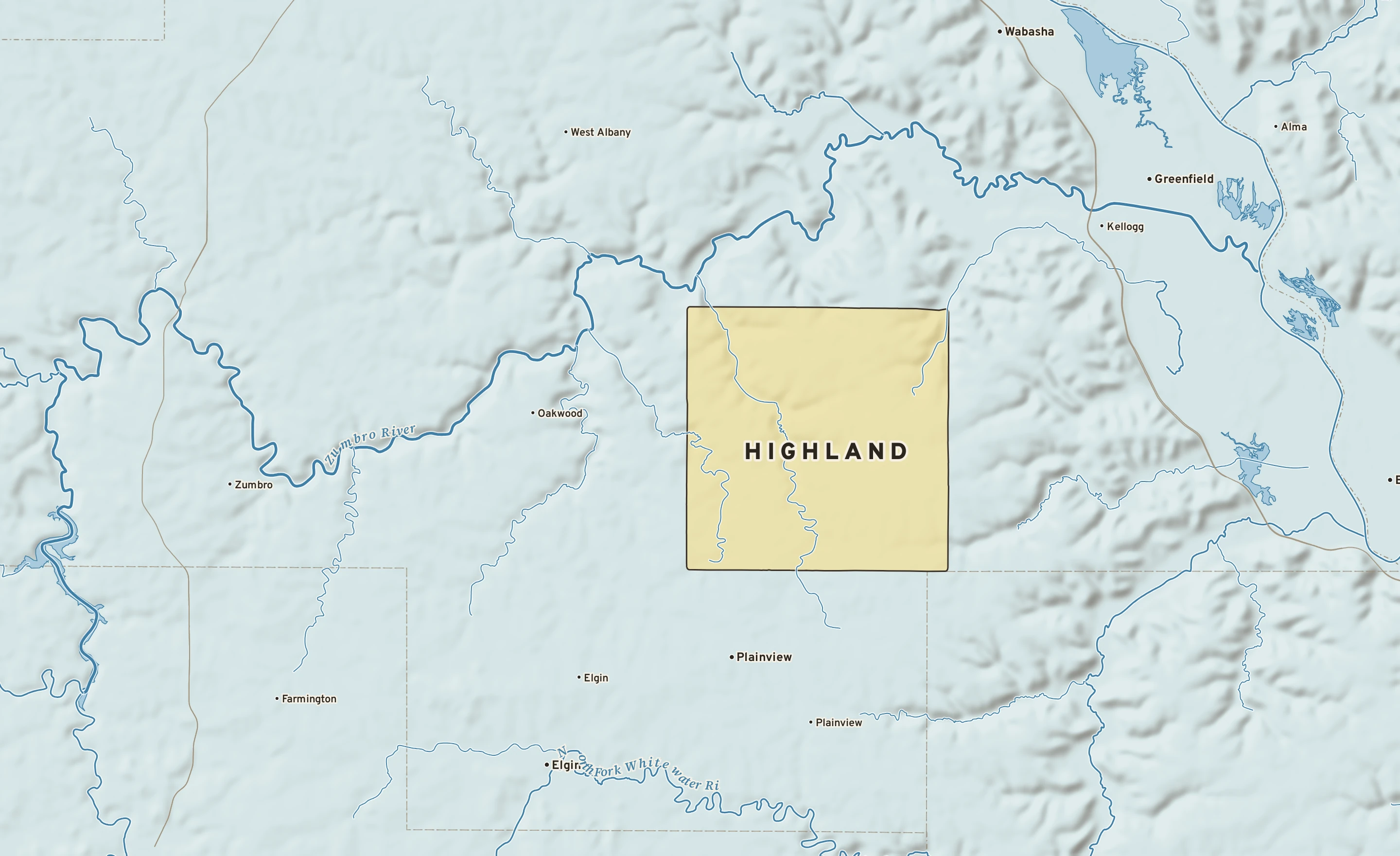 Shaded-relief atlas plate of Highland, Minnesota: rivers, roads, the city limits and where the water drains.