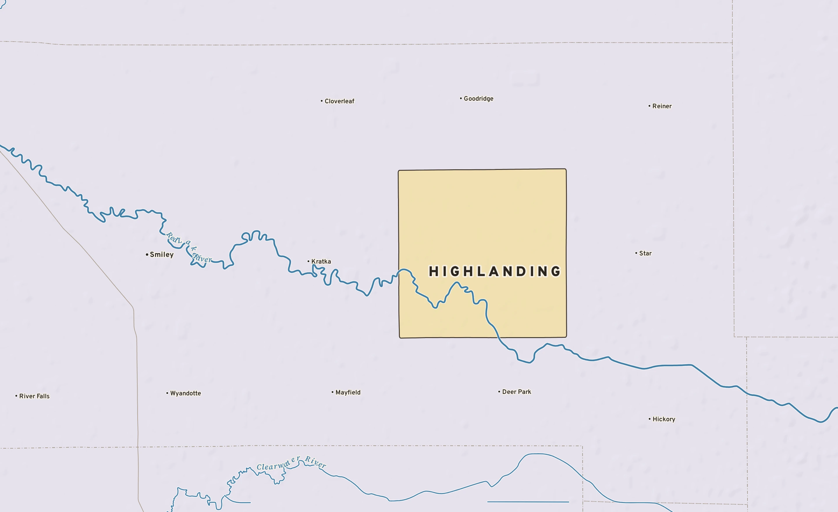 Shaded-relief atlas plate of Highlanding, Minnesota: rivers, roads, the city limits and where the water drains.