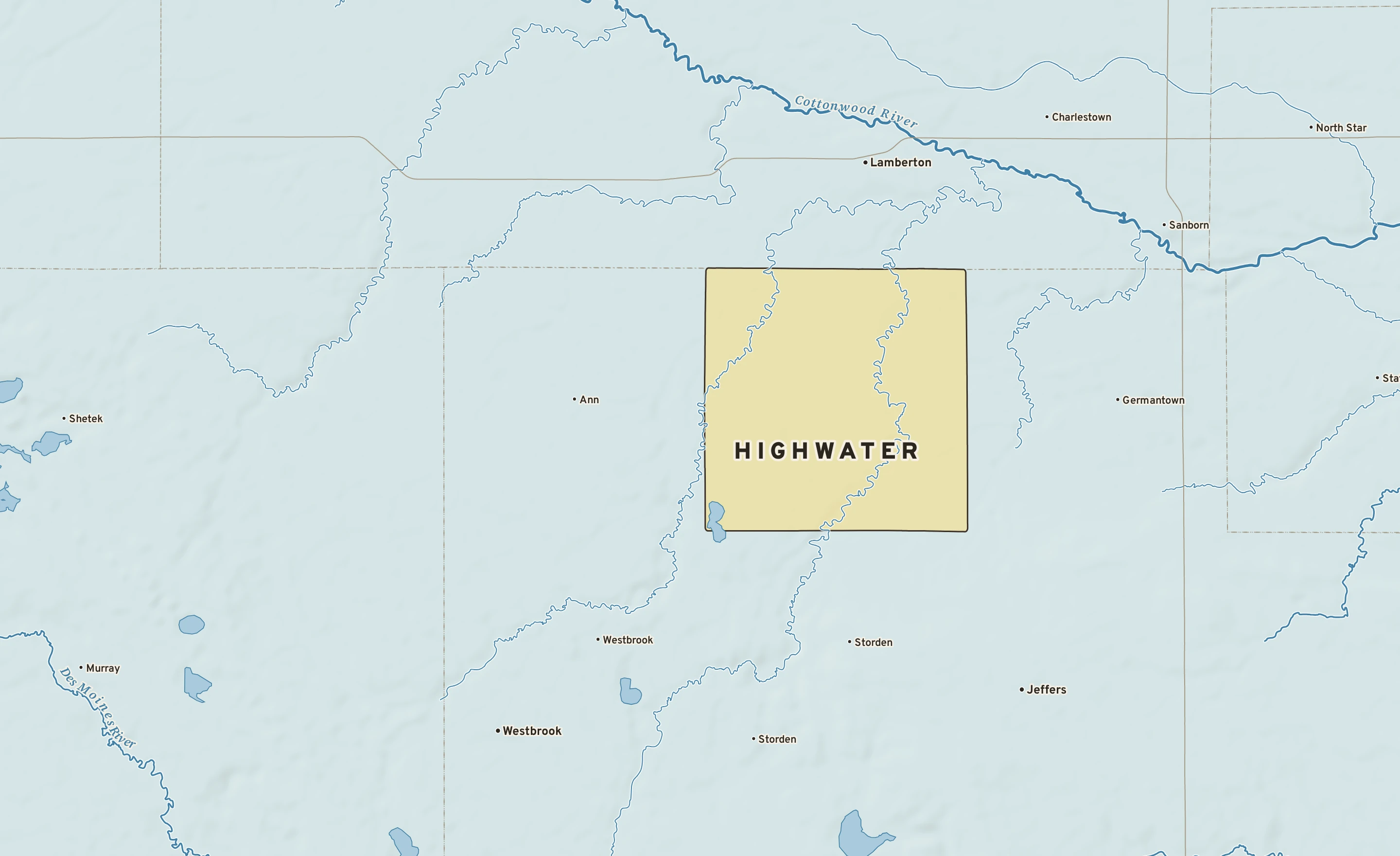 Shaded-relief atlas plate of Highwater, Minnesota: rivers, roads, the city limits and where the water drains.