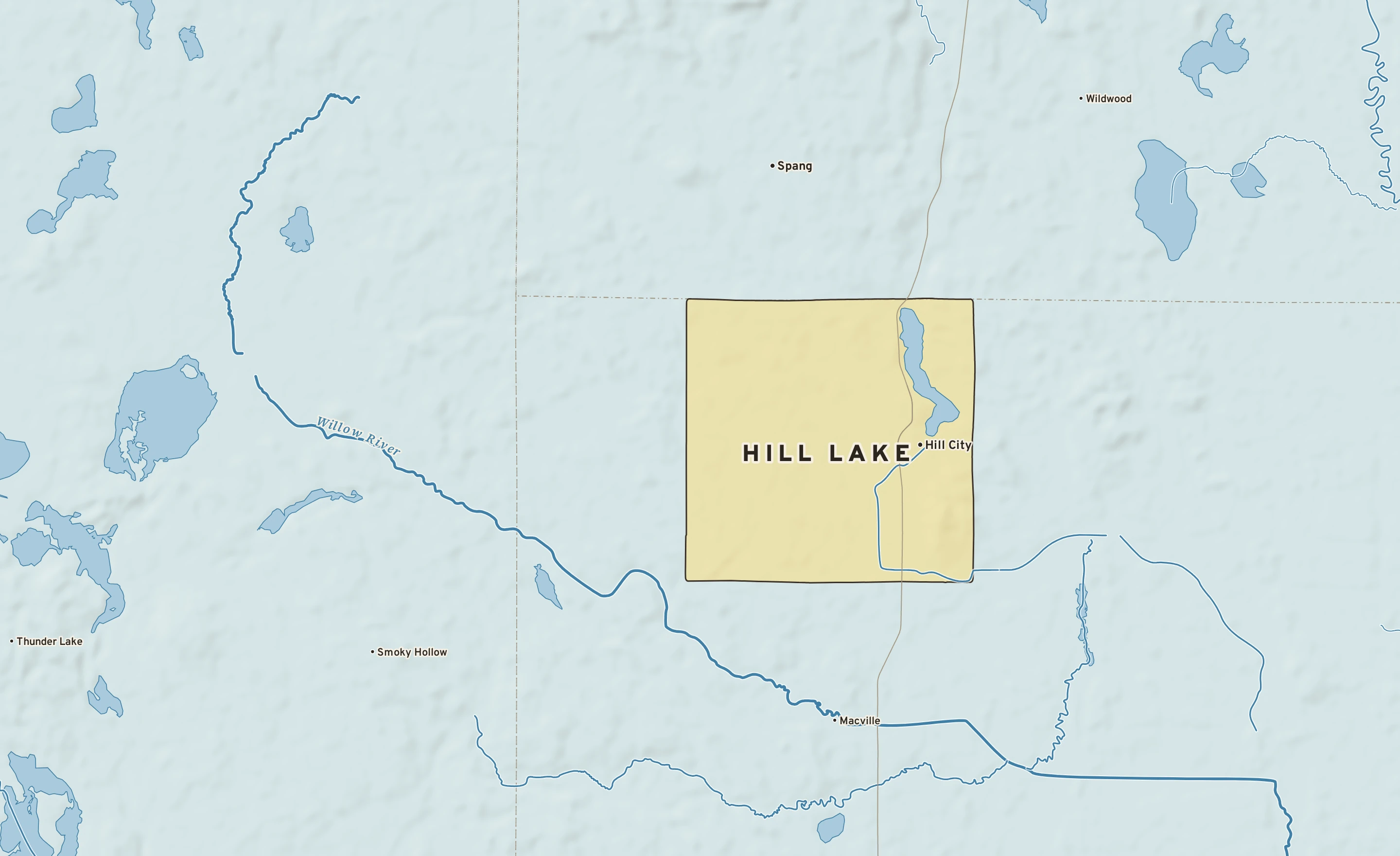 Shaded-relief atlas plate of Hill Lake, Minnesota: rivers, roads, the city limits and where the water drains.