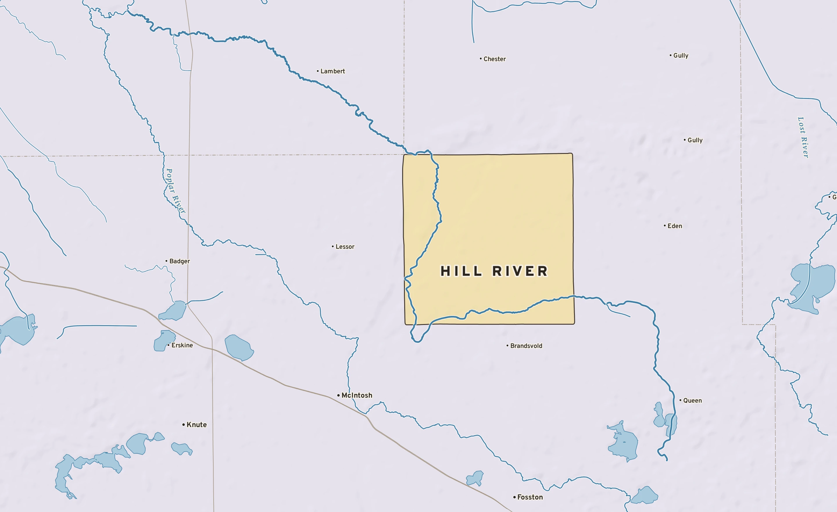 Shaded-relief atlas plate of Hill River, Minnesota: rivers, roads, the city limits and where the water drains.