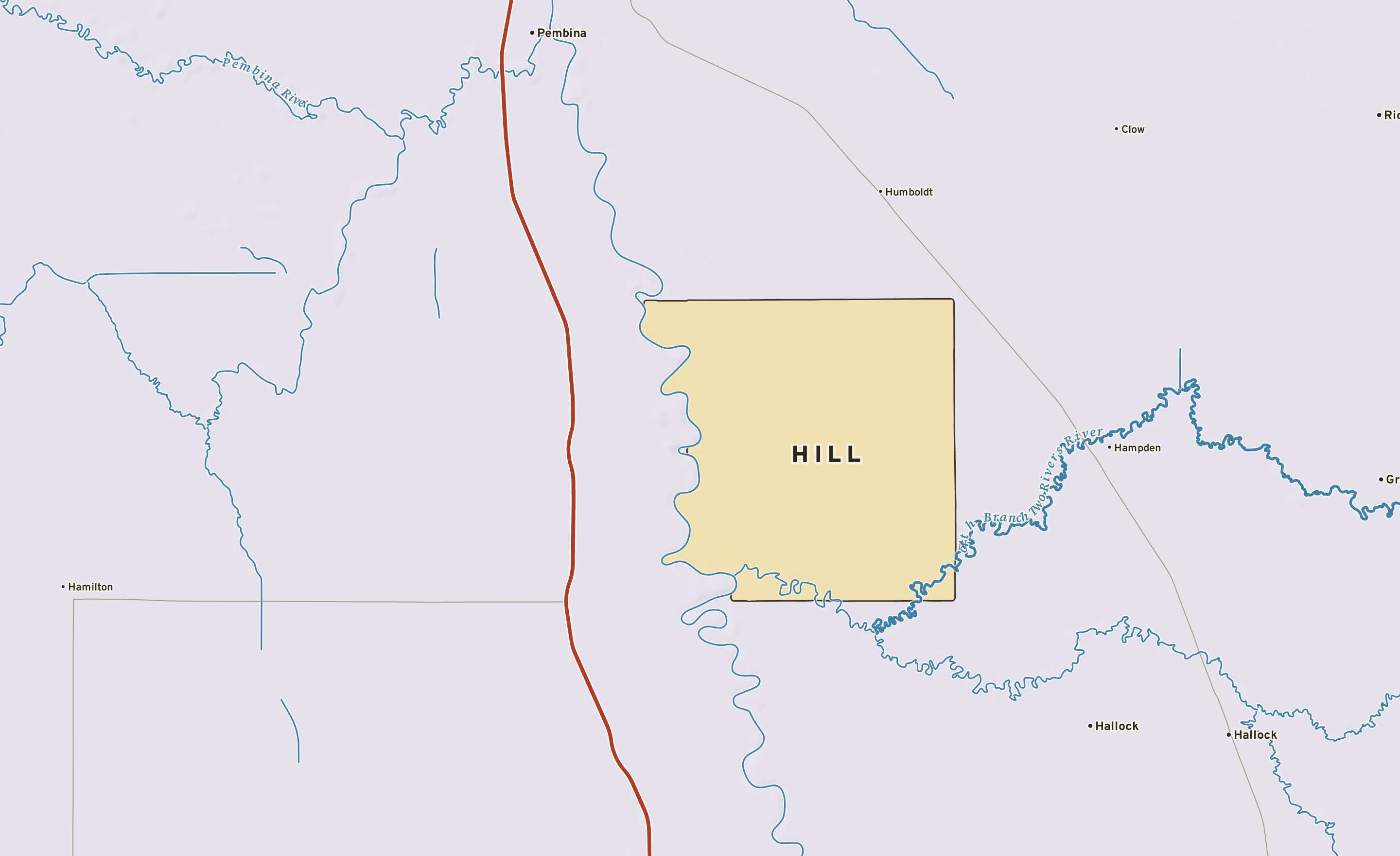 Shaded-relief atlas plate of Hill, Minnesota: rivers, roads, the city limits and where the water drains.