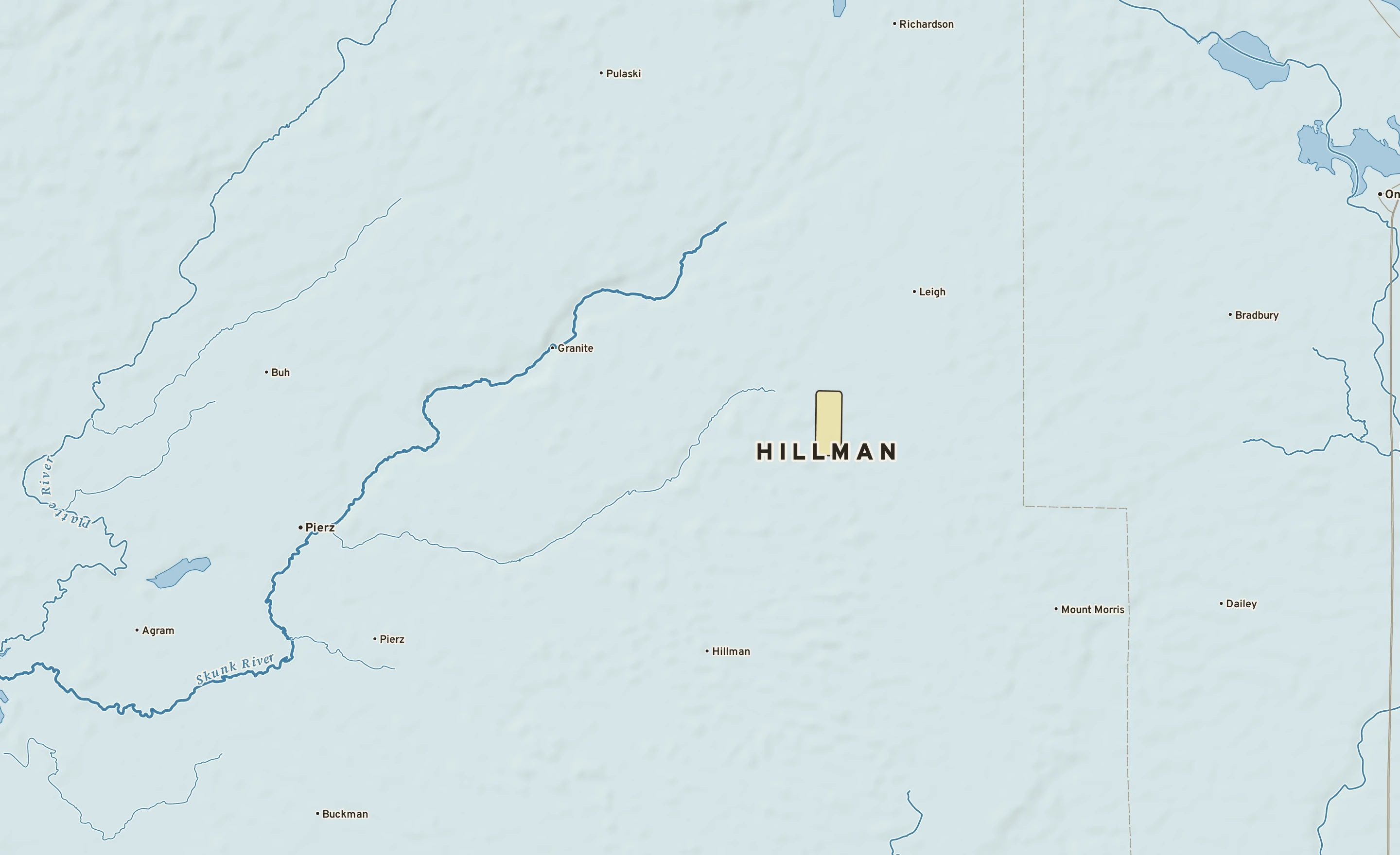 Shaded-relief atlas plate of Hillman, Minnesota: rivers, roads, the city limits and where the water drains.
