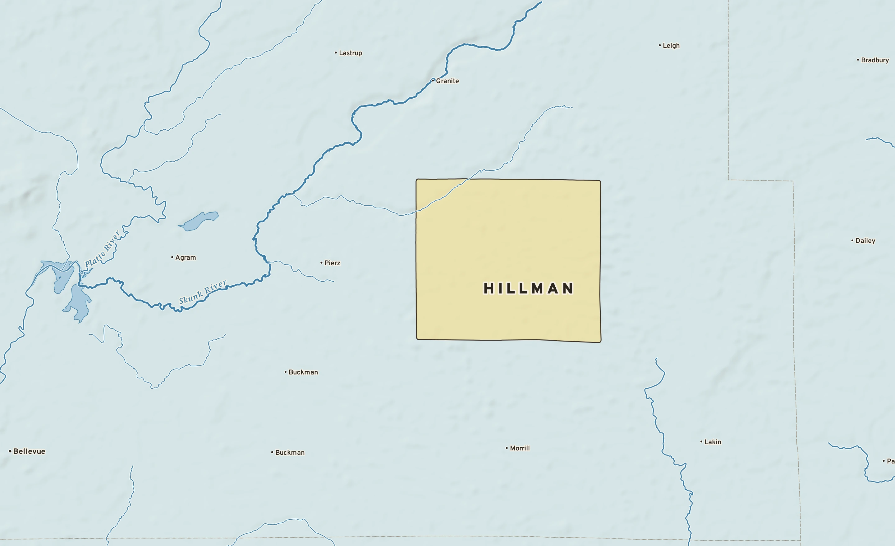Shaded-relief atlas plate of Hillman, Minnesota: rivers, roads, the city limits and where the water drains.