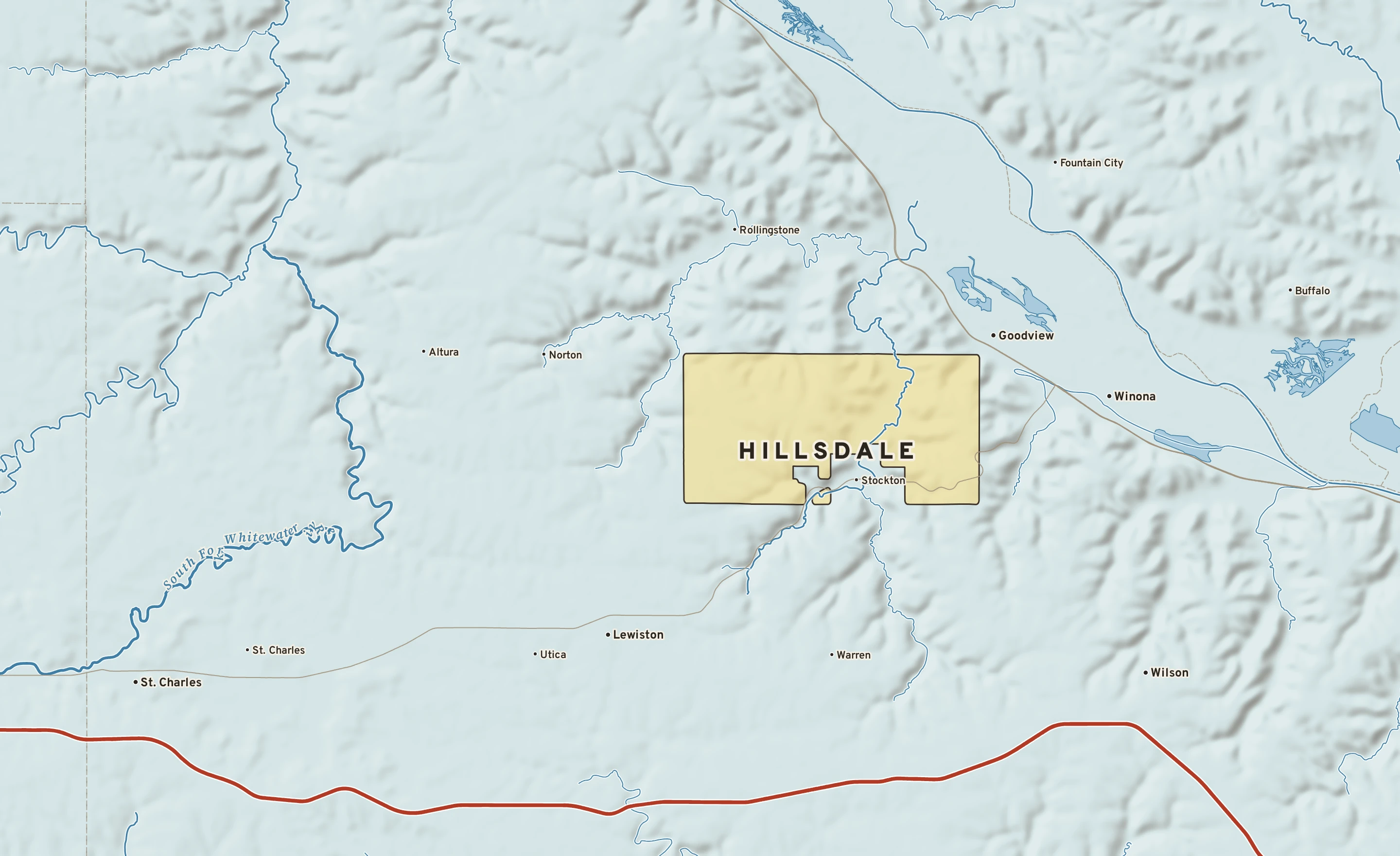 Shaded-relief atlas plate of Hillsdale, Minnesota: rivers, roads, the city limits and where the water drains.