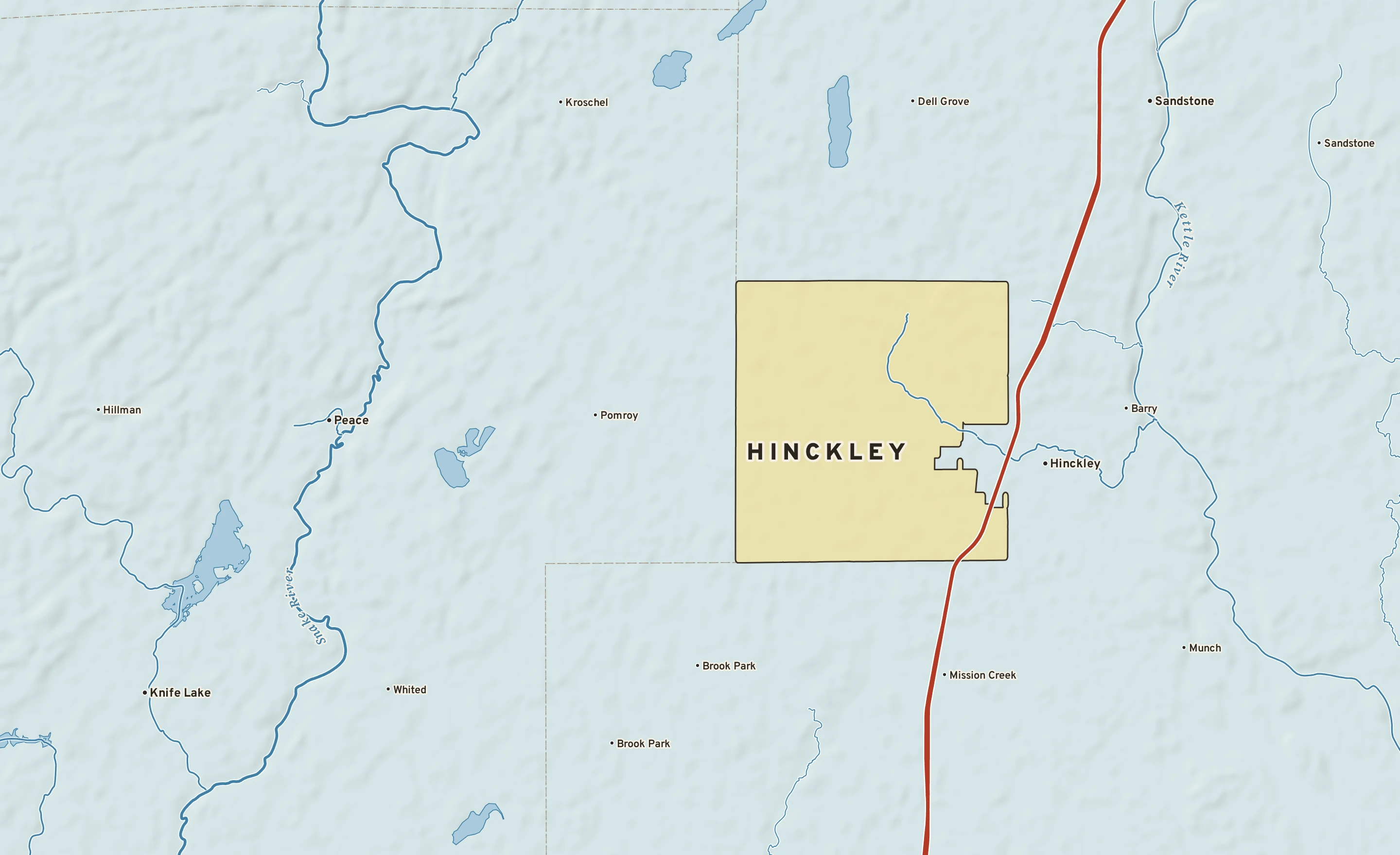 Shaded-relief atlas plate of Hinckley, Minnesota: rivers, roads, the city limits and where the water drains.