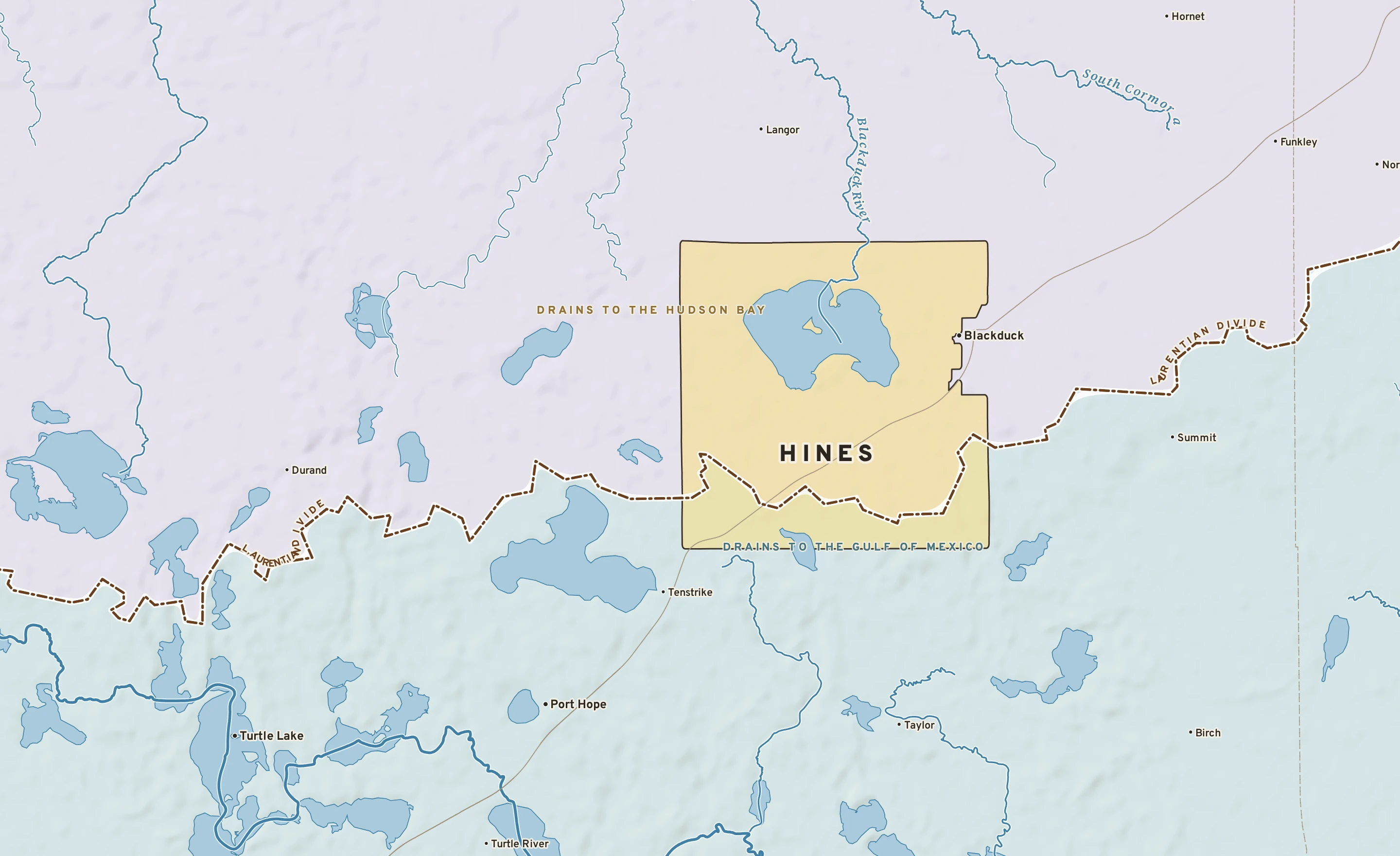 Shaded-relief atlas plate of Hines, Minnesota: rivers, roads, the city limits and where the water drains.