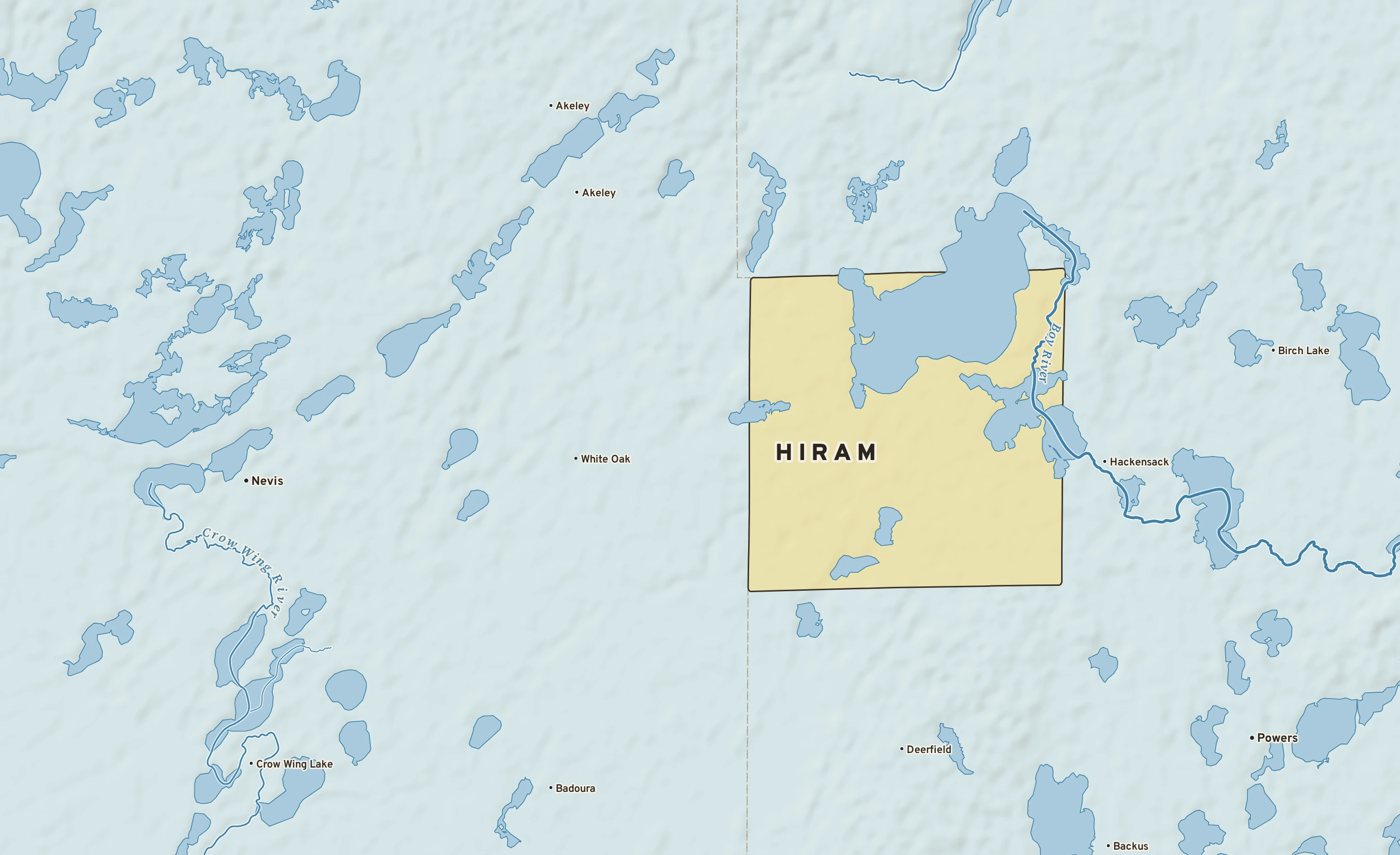 Shaded-relief atlas plate of Hiram, Minnesota: rivers, roads, the city limits and where the water drains.