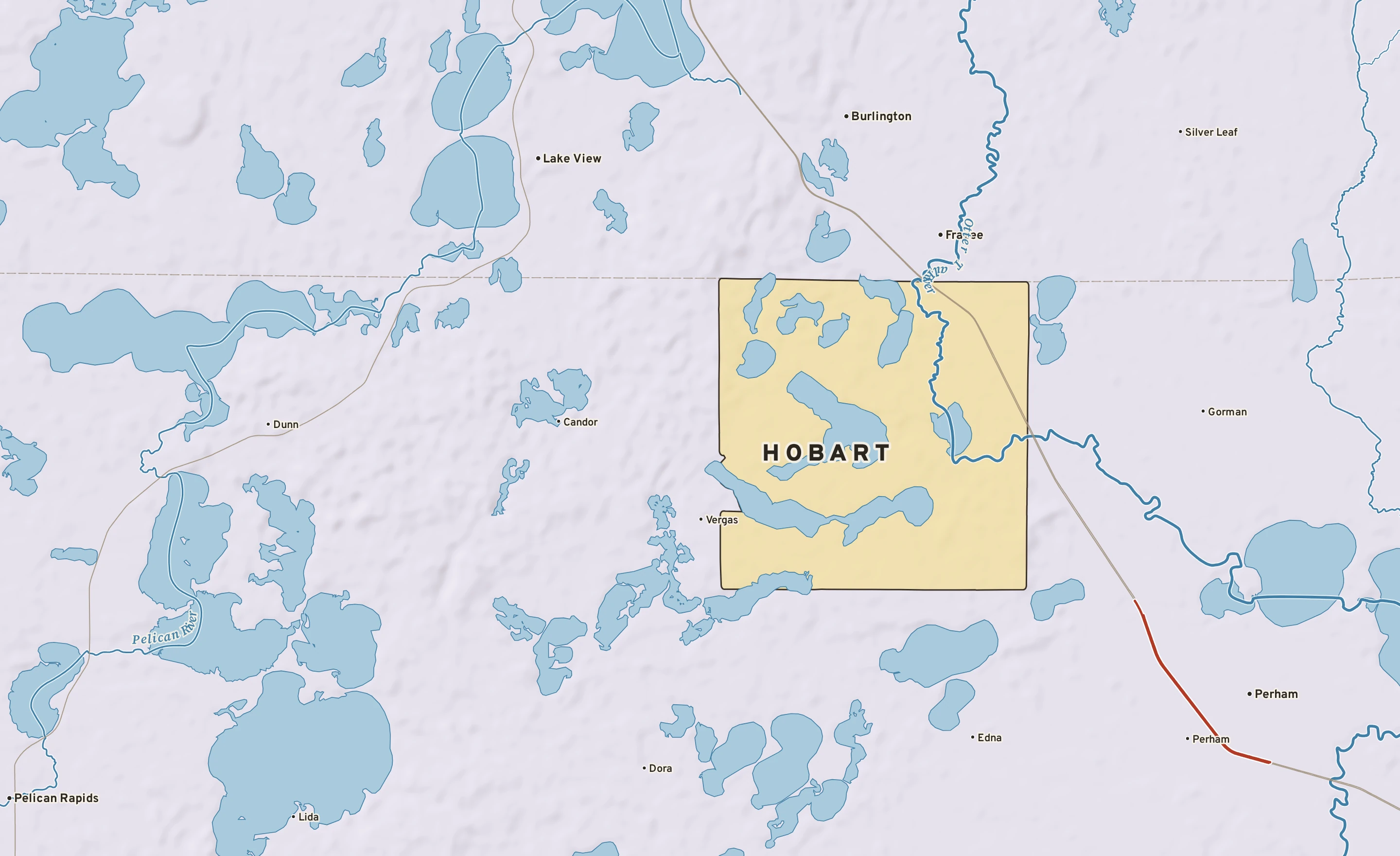 Shaded-relief atlas plate of Hobart, Minnesota: rivers, roads, the city limits and where the water drains.