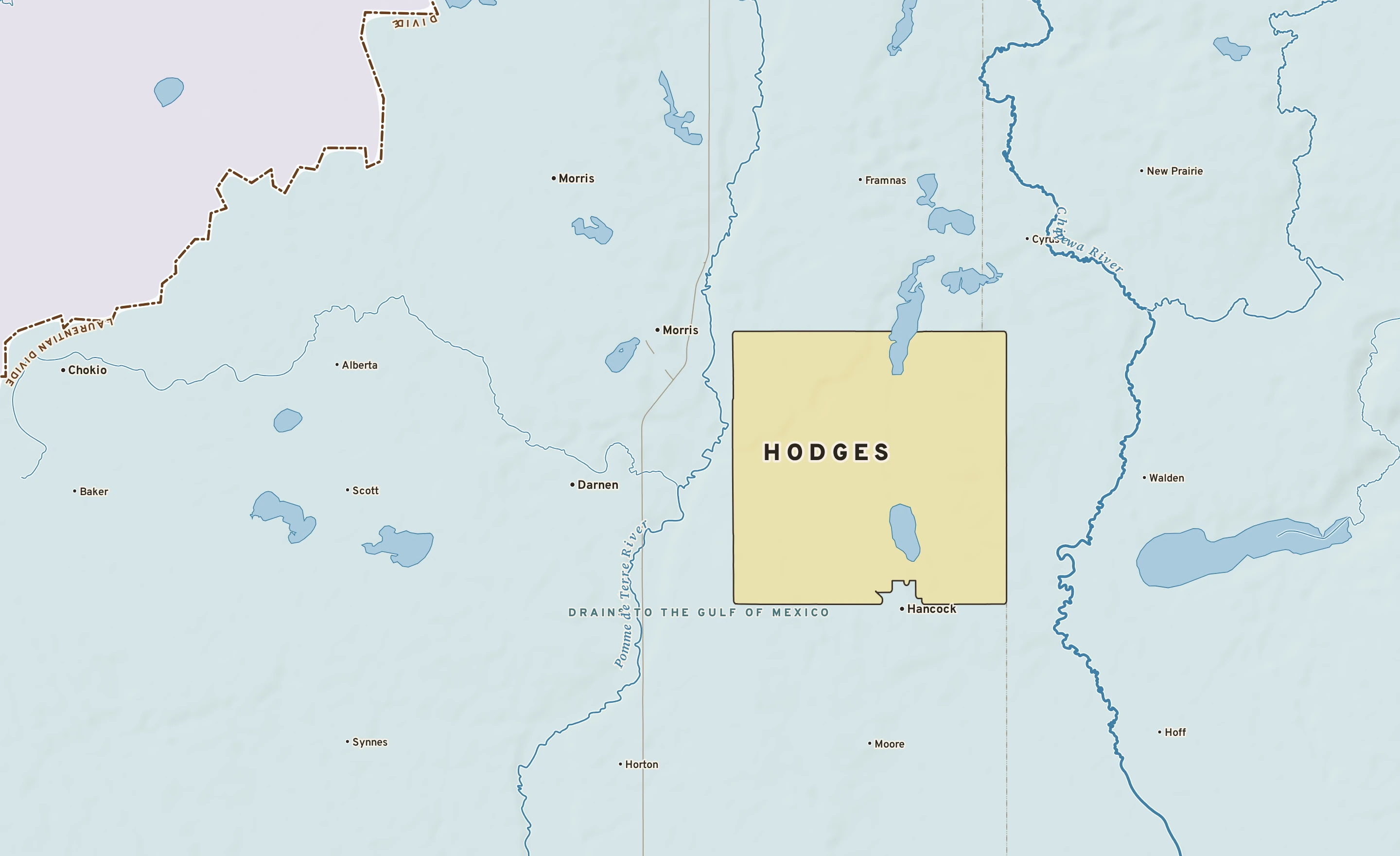 Shaded-relief atlas plate of Hodges, Minnesota: rivers, roads, the city limits and where the water drains.