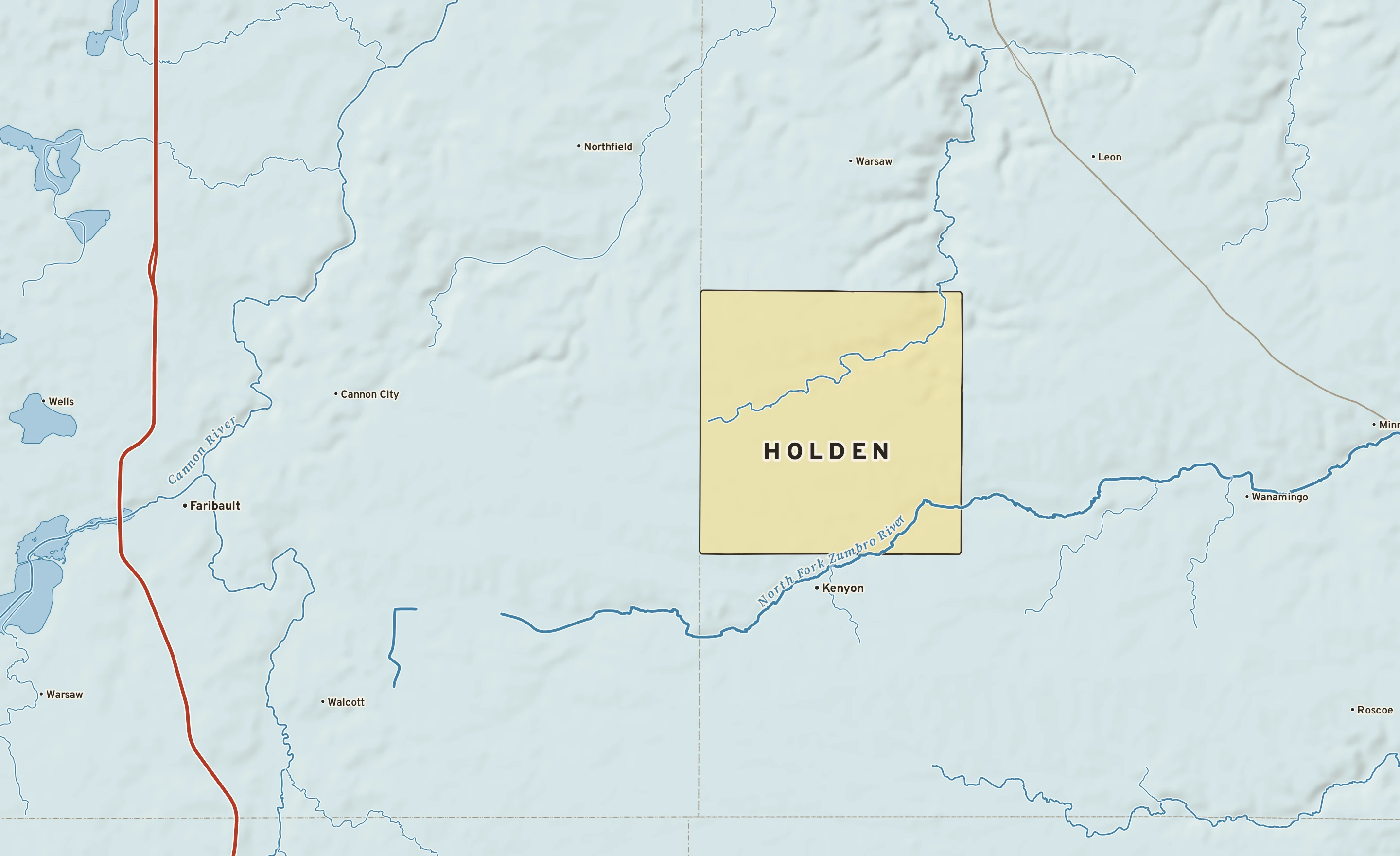 Shaded-relief atlas plate of Holden, Minnesota: rivers, roads, the city limits and where the water drains.