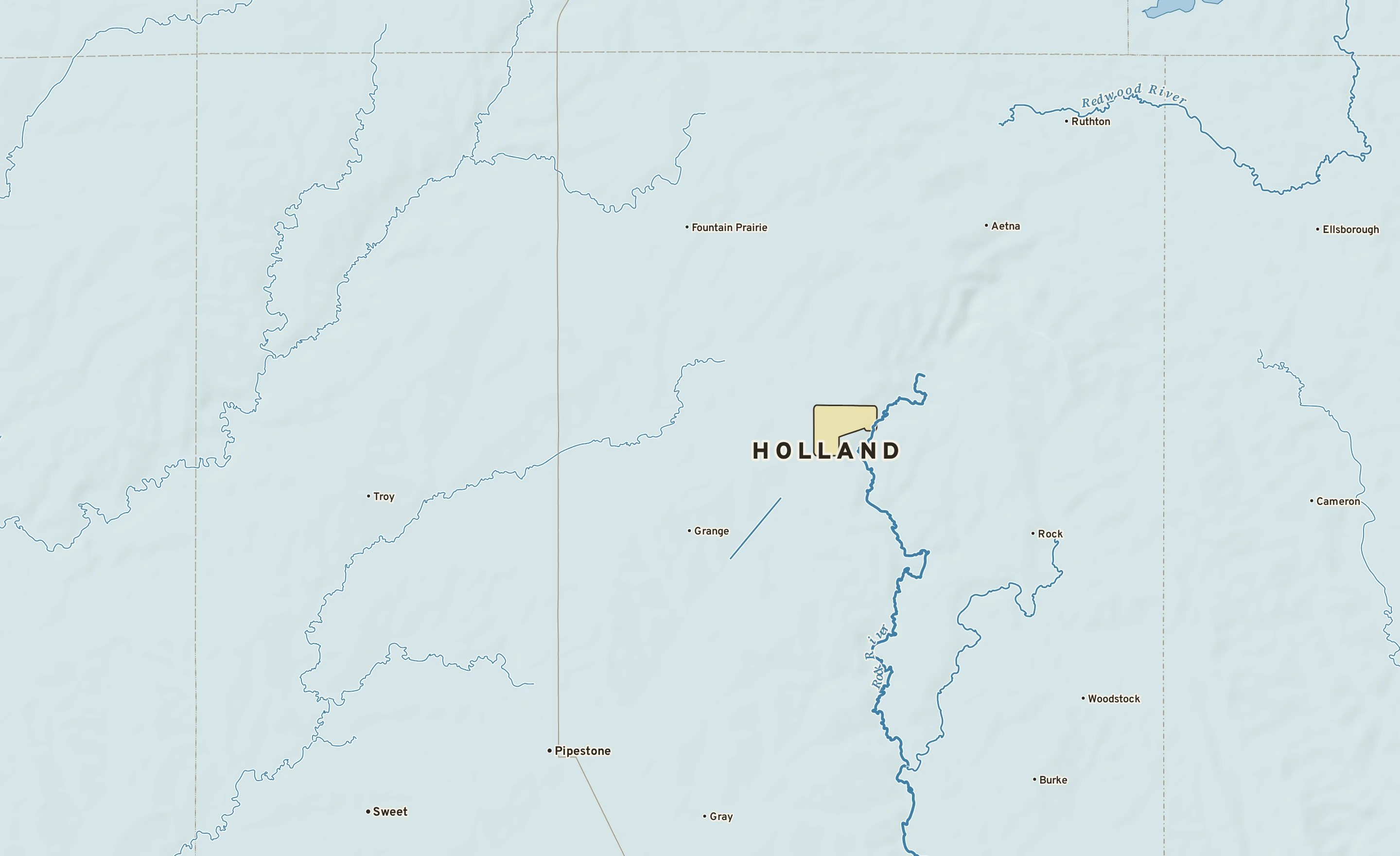 Shaded-relief atlas plate of Holland, Minnesota: rivers, roads, the city limits and where the water drains.