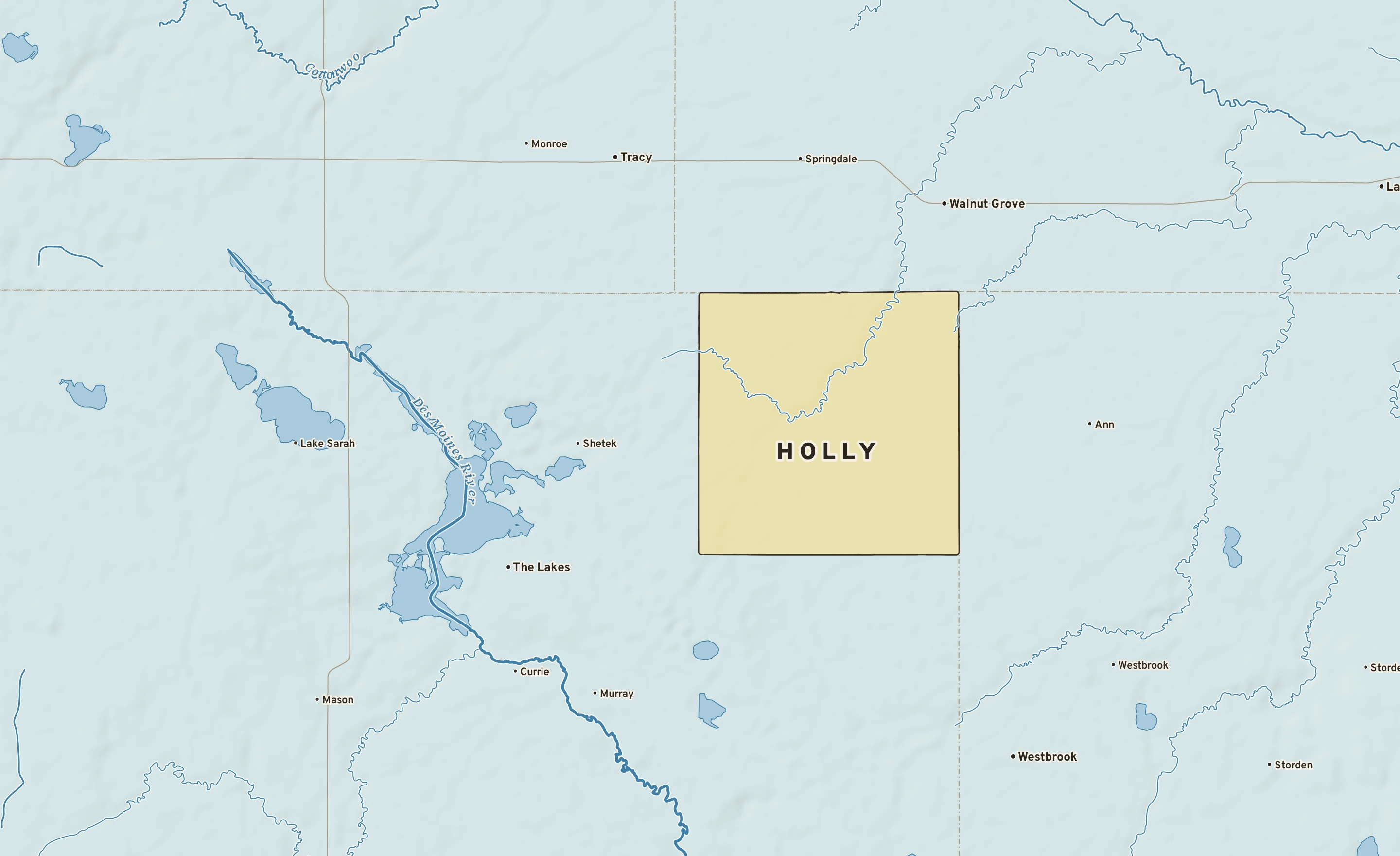 Shaded-relief atlas plate of Holly, Minnesota: rivers, roads, the city limits and where the water drains.