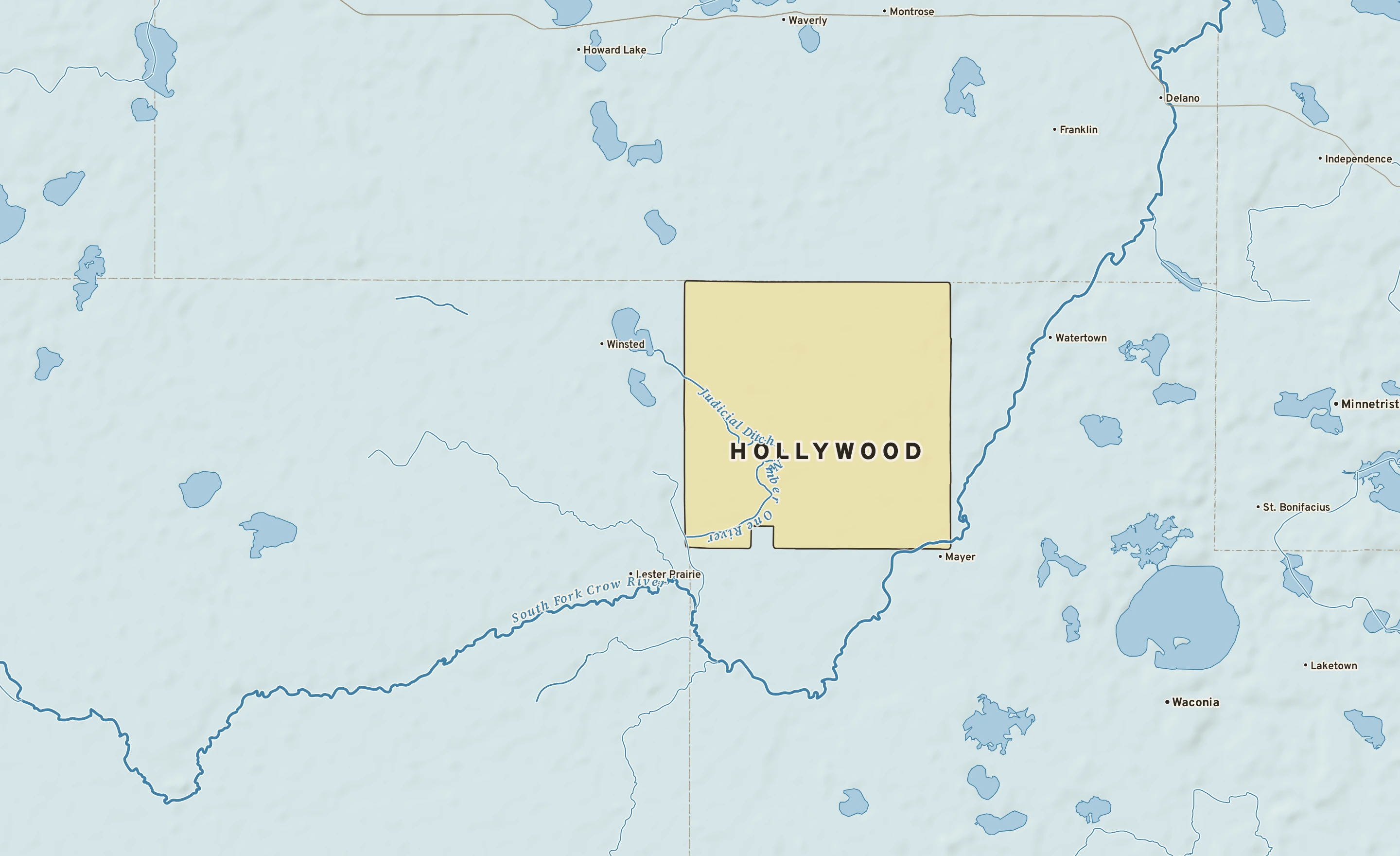 Shaded-relief atlas plate of Hollywood, Minnesota: rivers, roads, the city limits and where the water drains.