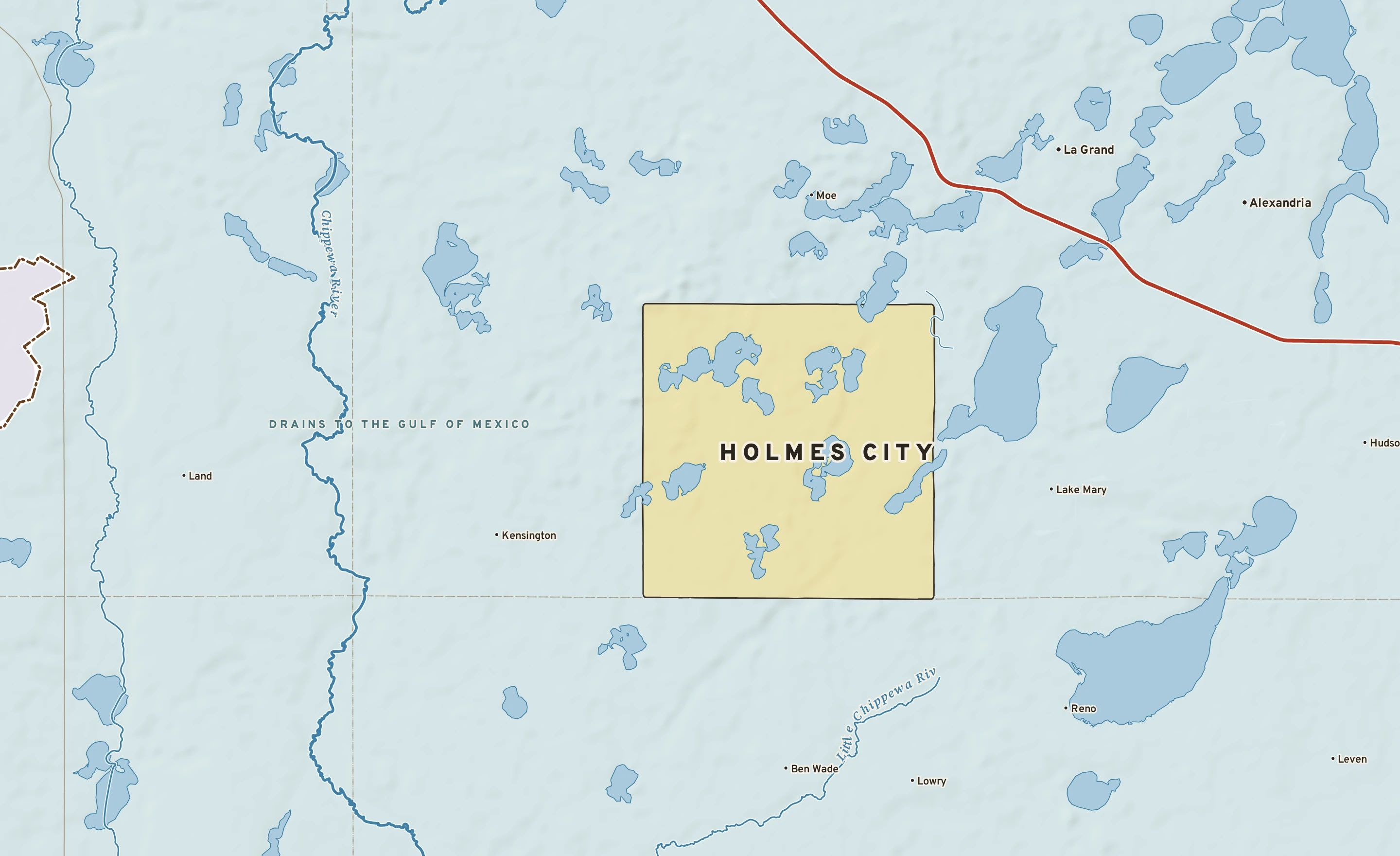 Shaded-relief atlas plate of Holmes City, Minnesota: rivers, roads, the city limits and where the water drains.