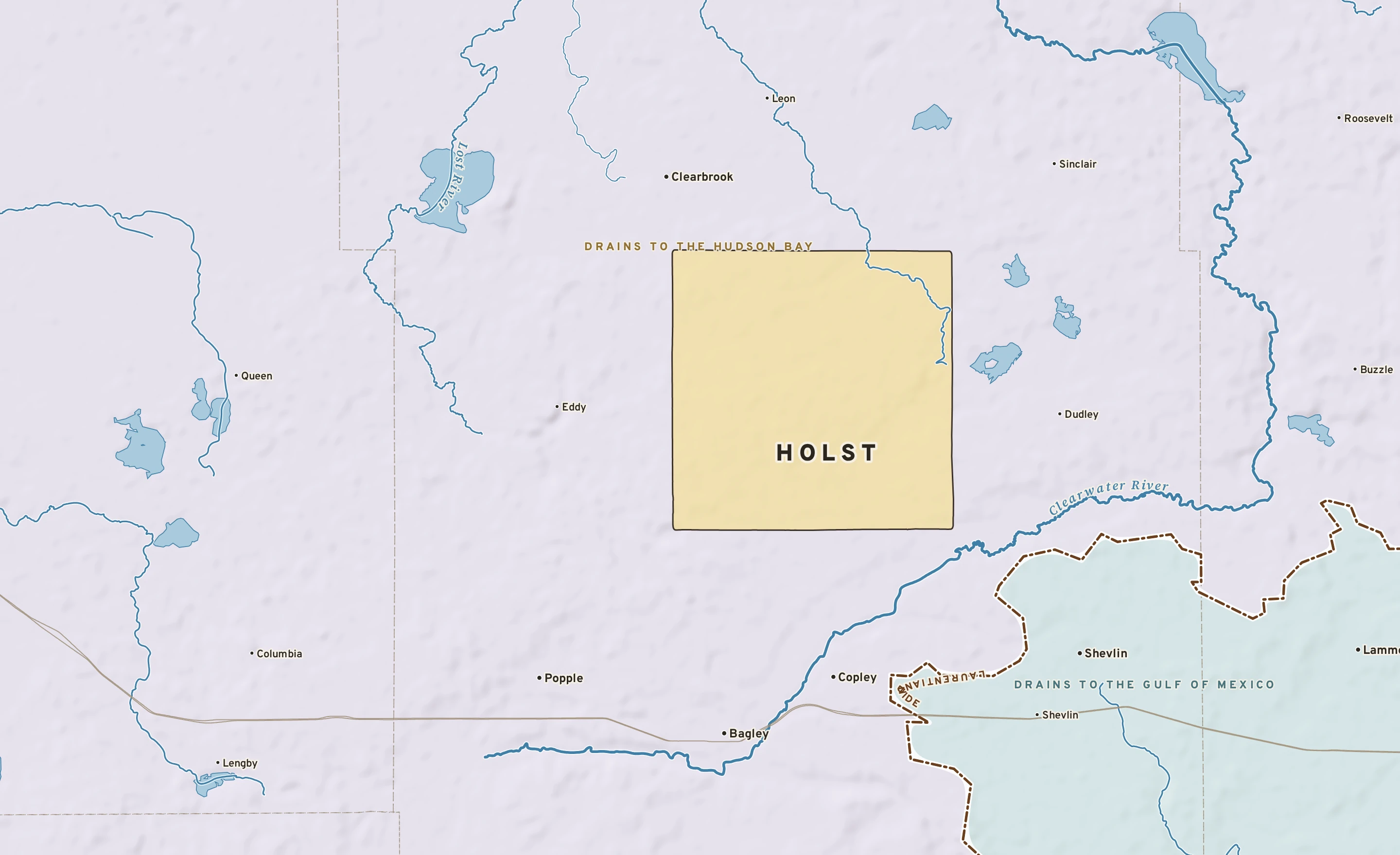 Shaded-relief atlas plate of Holst, Minnesota: rivers, roads, the city limits and where the water drains.