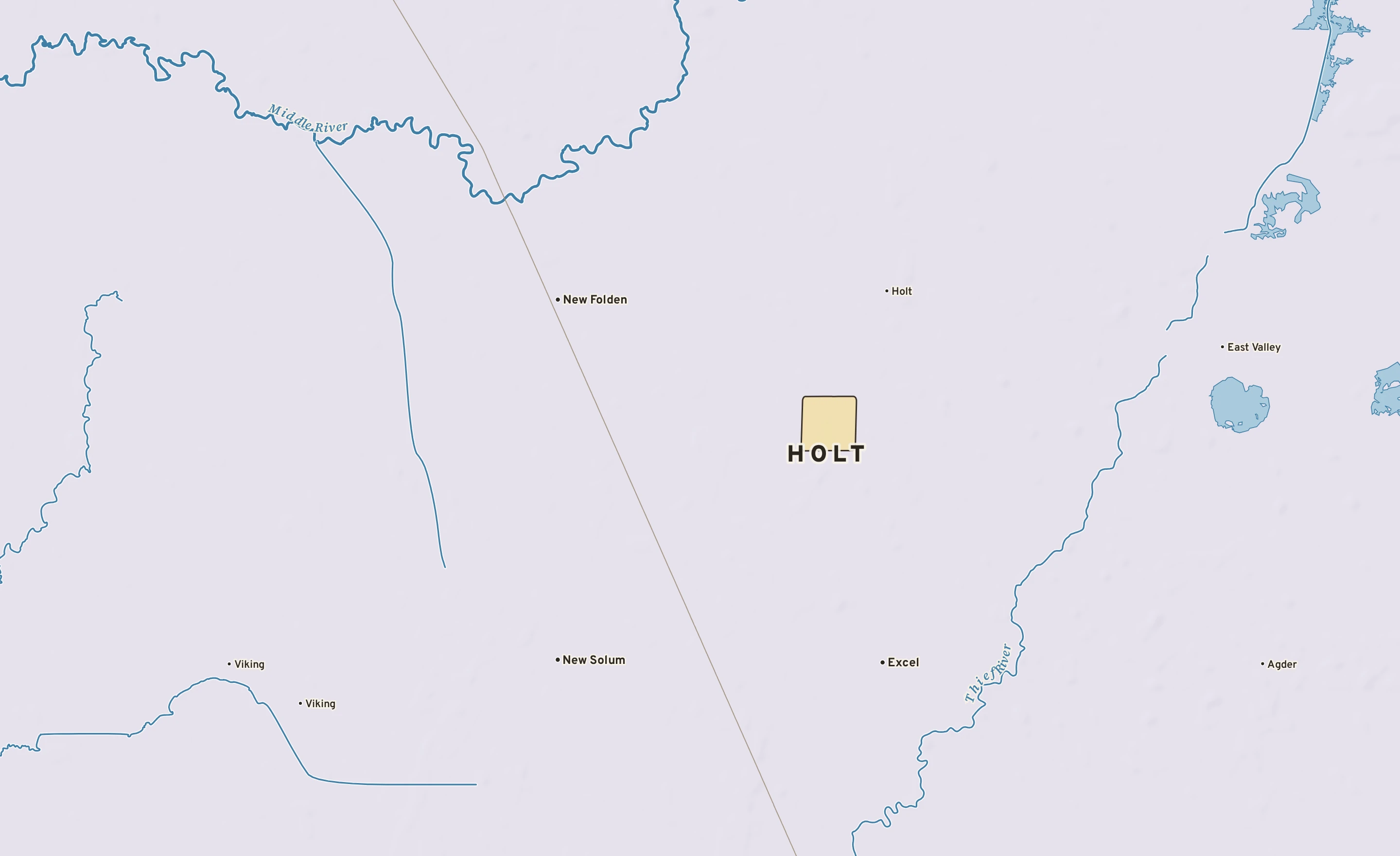 Shaded-relief atlas plate of Holt, Minnesota: rivers, roads, the city limits and where the water drains.