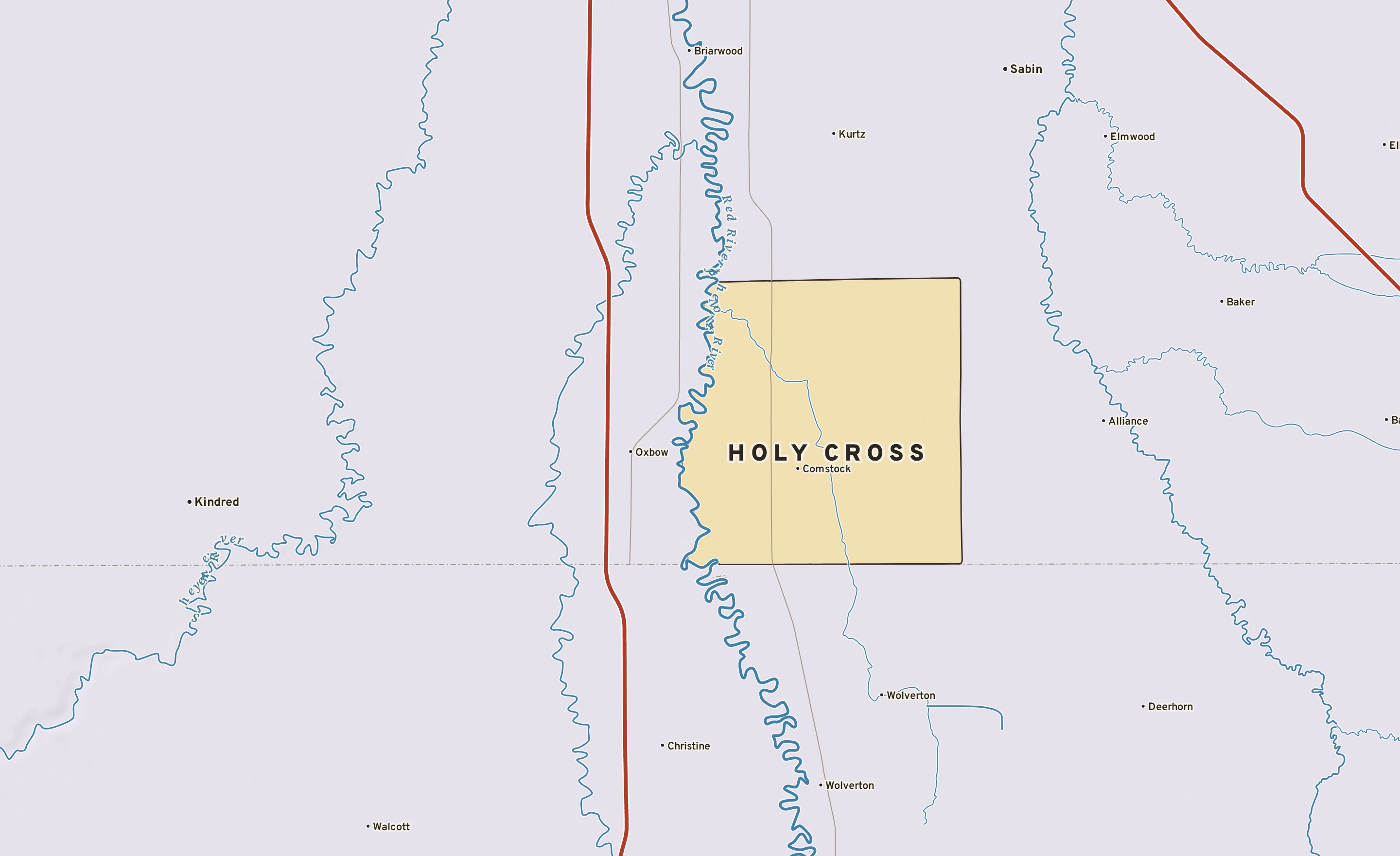 Shaded-relief atlas plate of Holy Cross, Minnesota: rivers, roads, the city limits and where the water drains.