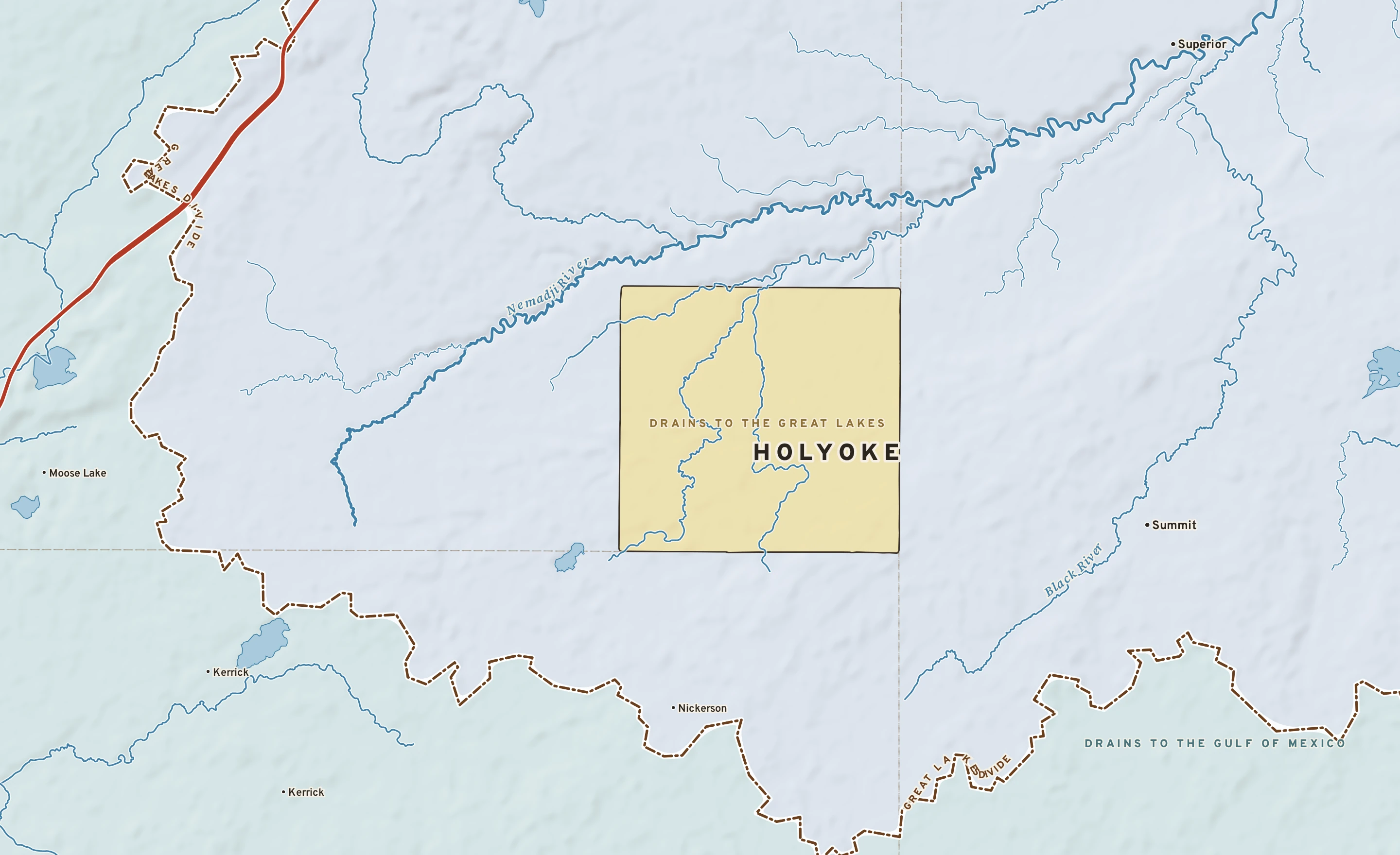 Shaded-relief atlas plate of Holyoke, Minnesota: rivers, roads, the city limits and where the water drains.