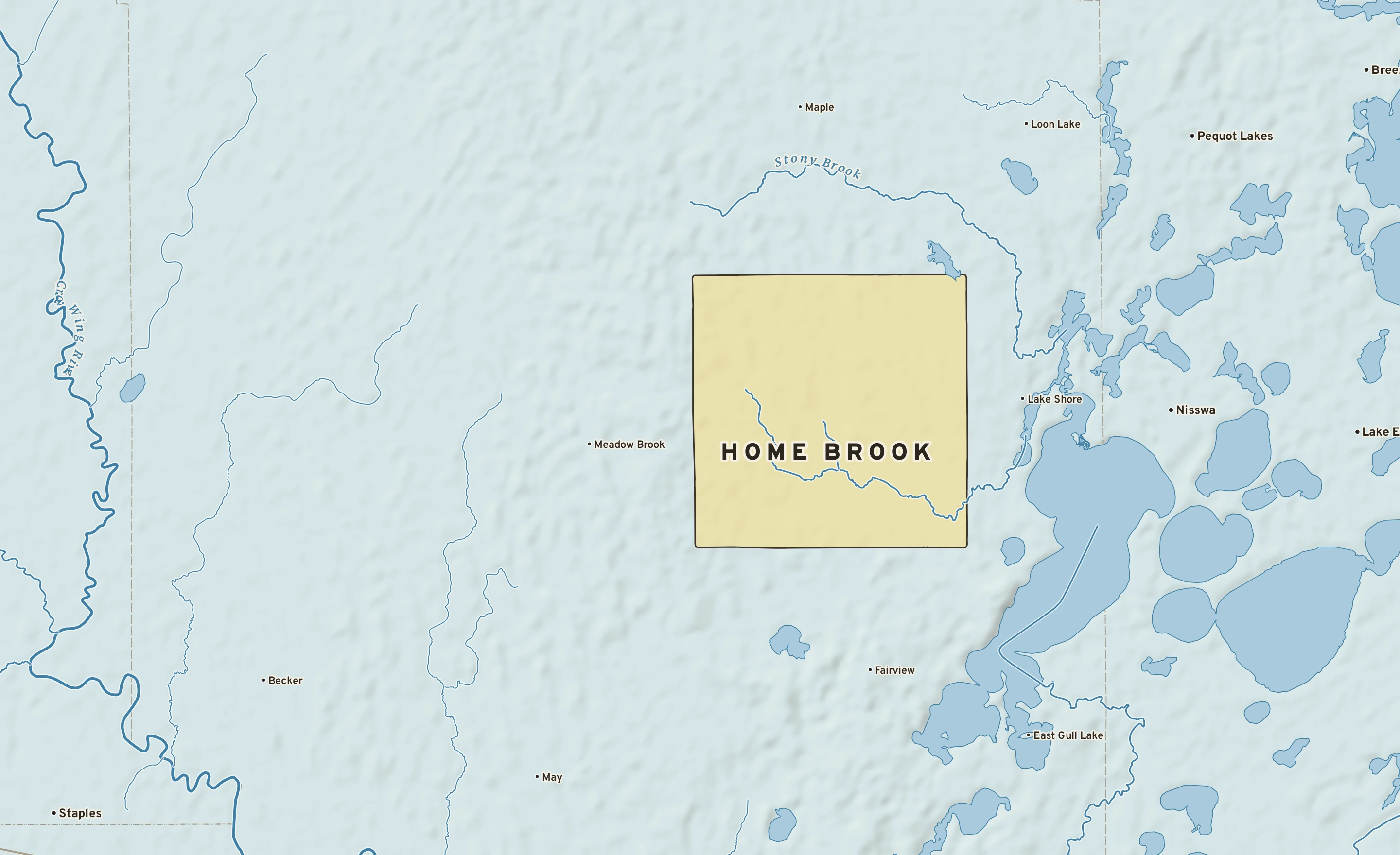 Shaded-relief atlas plate of Home Brook, Minnesota: rivers, roads, the city limits and where the water drains.