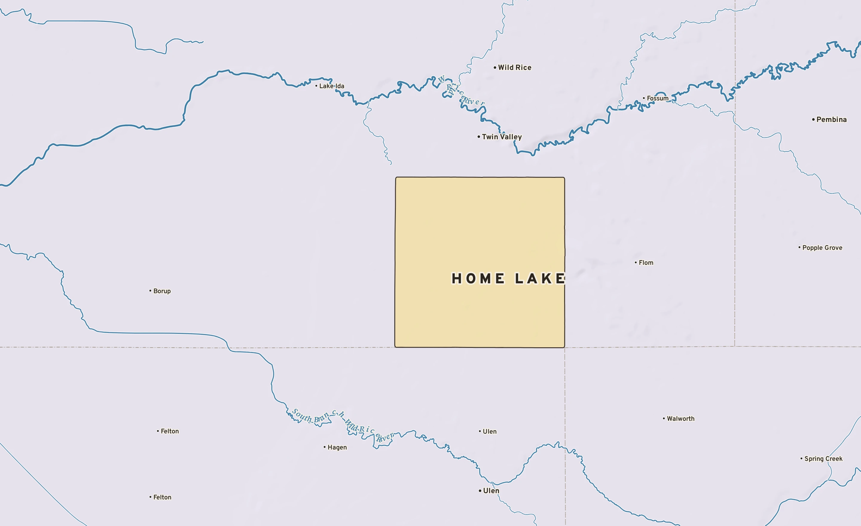 Shaded-relief atlas plate of Home Lake, Minnesota: rivers, roads, the city limits and where the water drains.