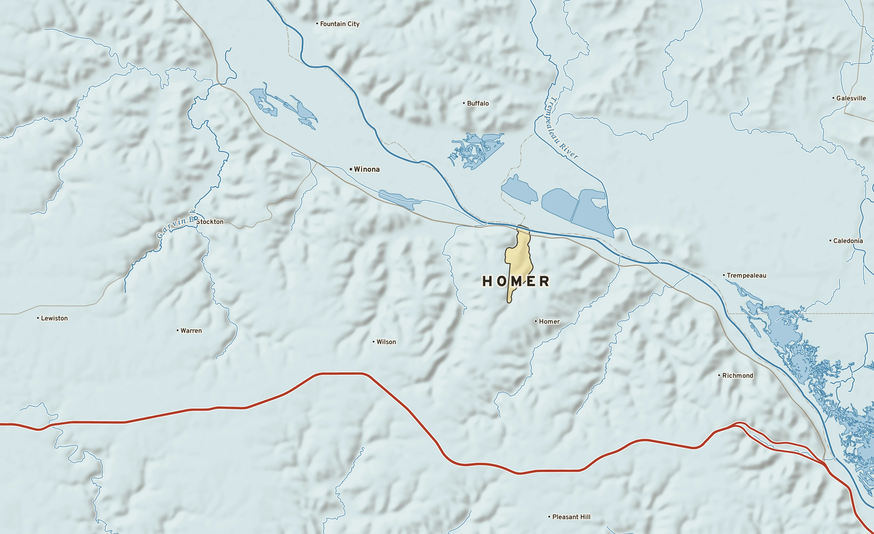 Shaded-relief atlas plate of Homer, Minnesota: rivers, roads, the city limits and where the water drains.